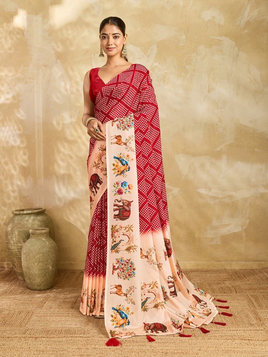 Maroon Bandhani Digital Printed Chinon Silk Saree