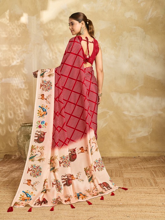 Maroon Bandhani Digital Printed Chinon Silk Saree — alternate view