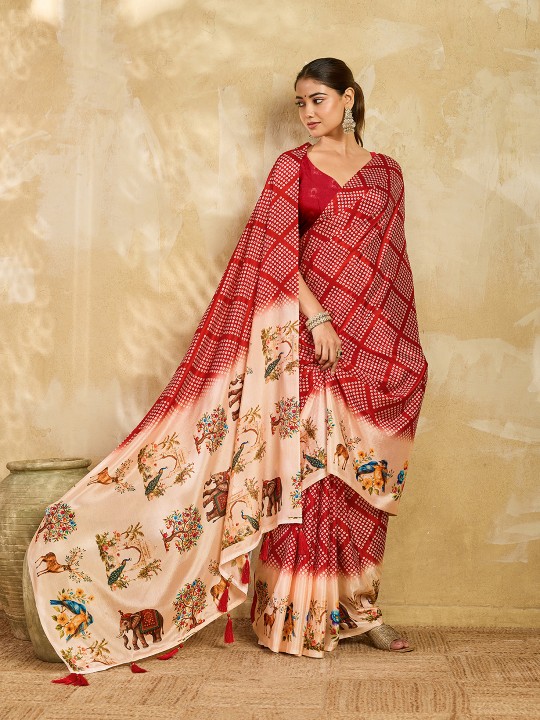 Maroon Bandhani Digital Printed Chinon Silk Saree