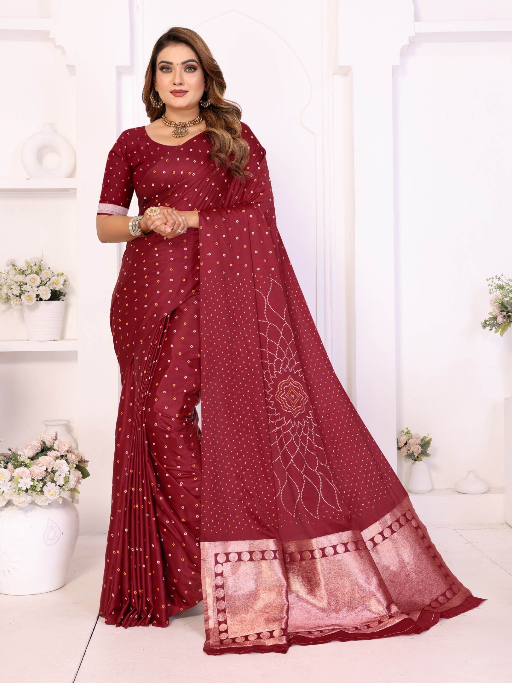 Maroon Bandhej Weaving Satin Silk Saree