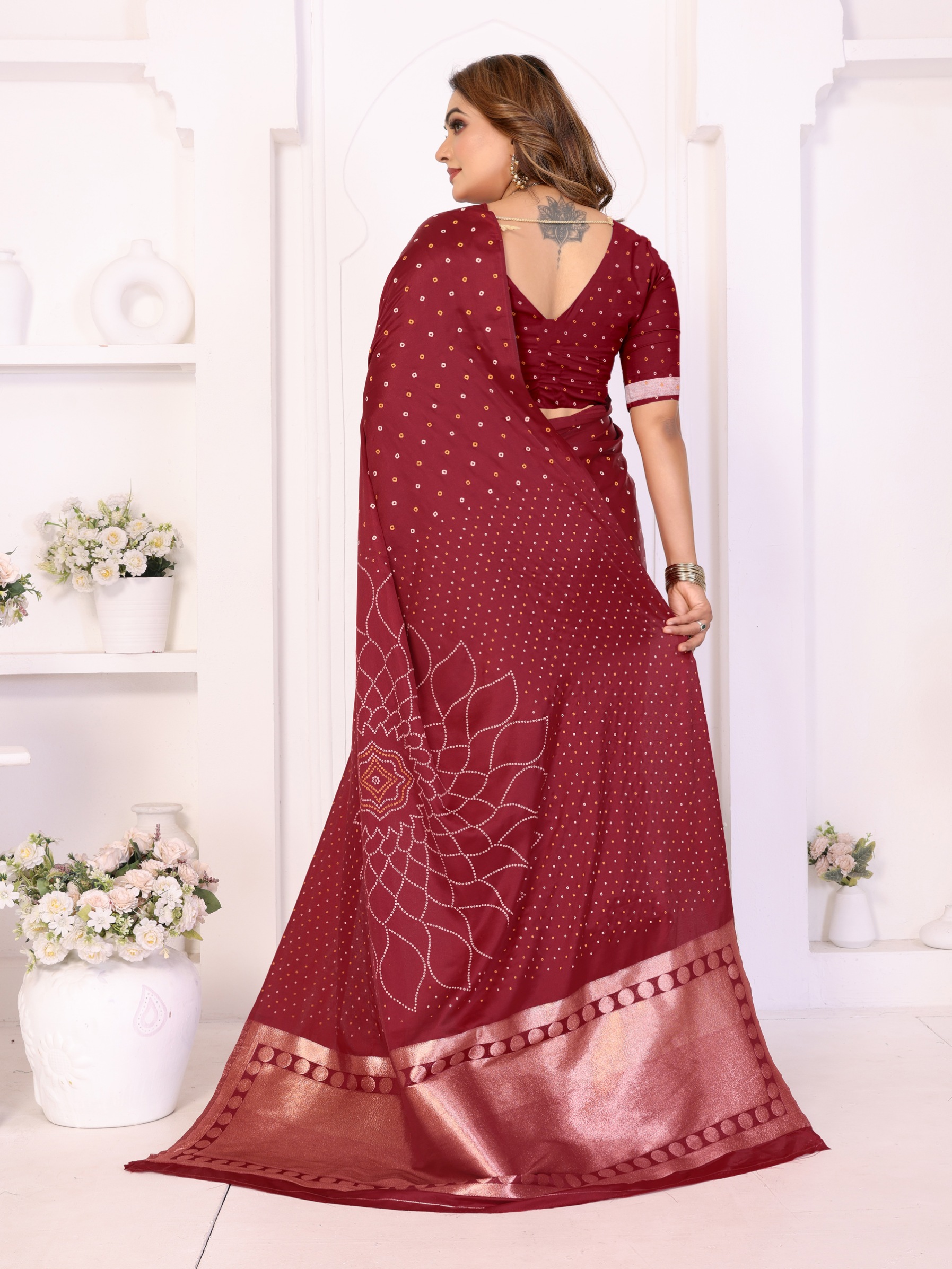 Maroon Bandhej Weaving Satin Silk Saree — alternate view