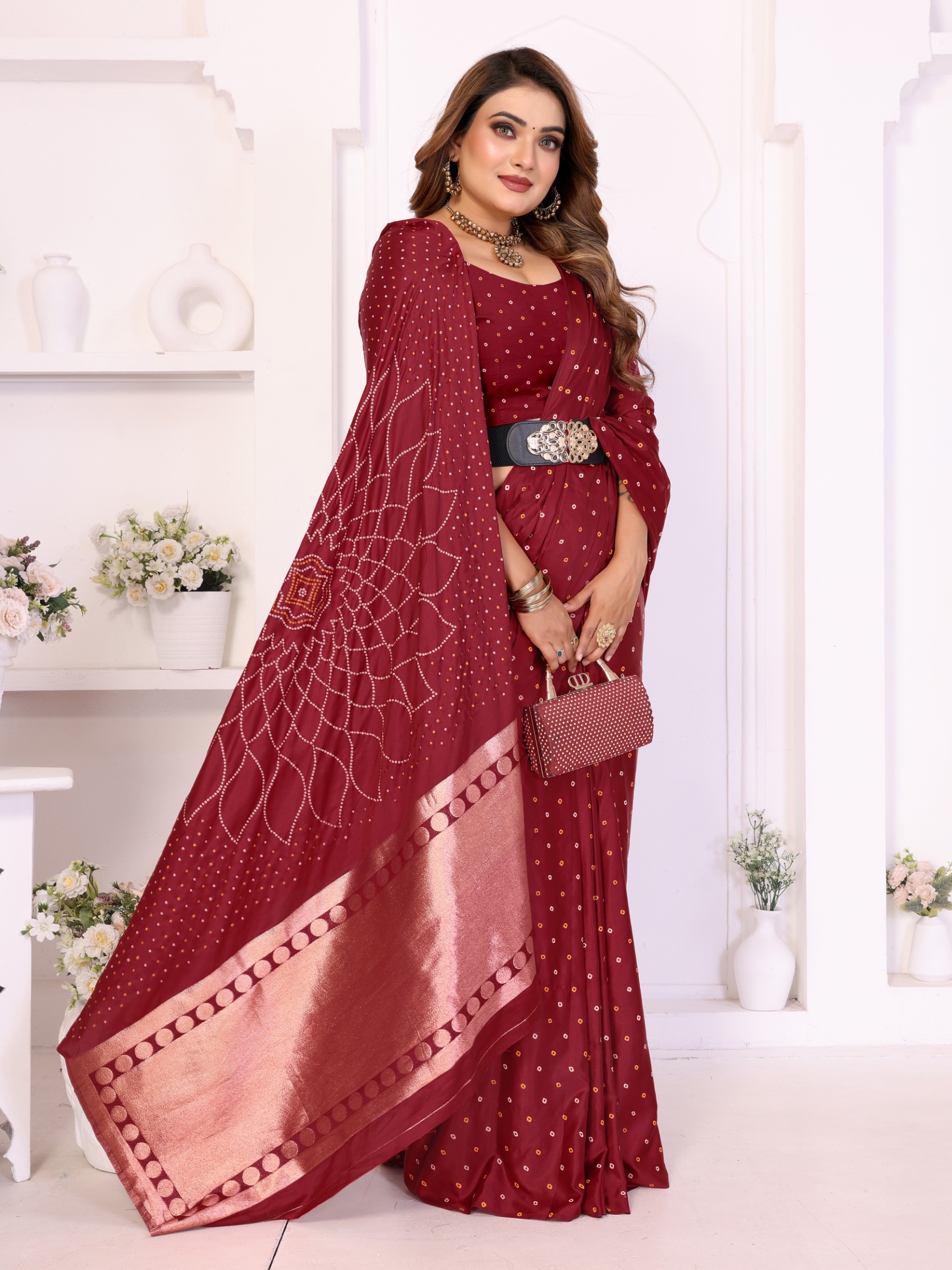 Maroon Bandhej Weaving Satin Silk Saree