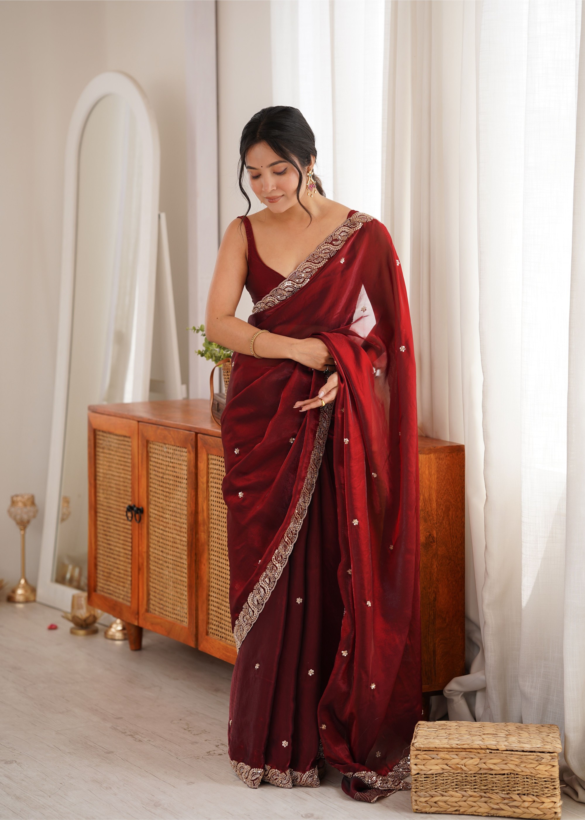 Maroon Beads Pearl Fendy Satin Saree
