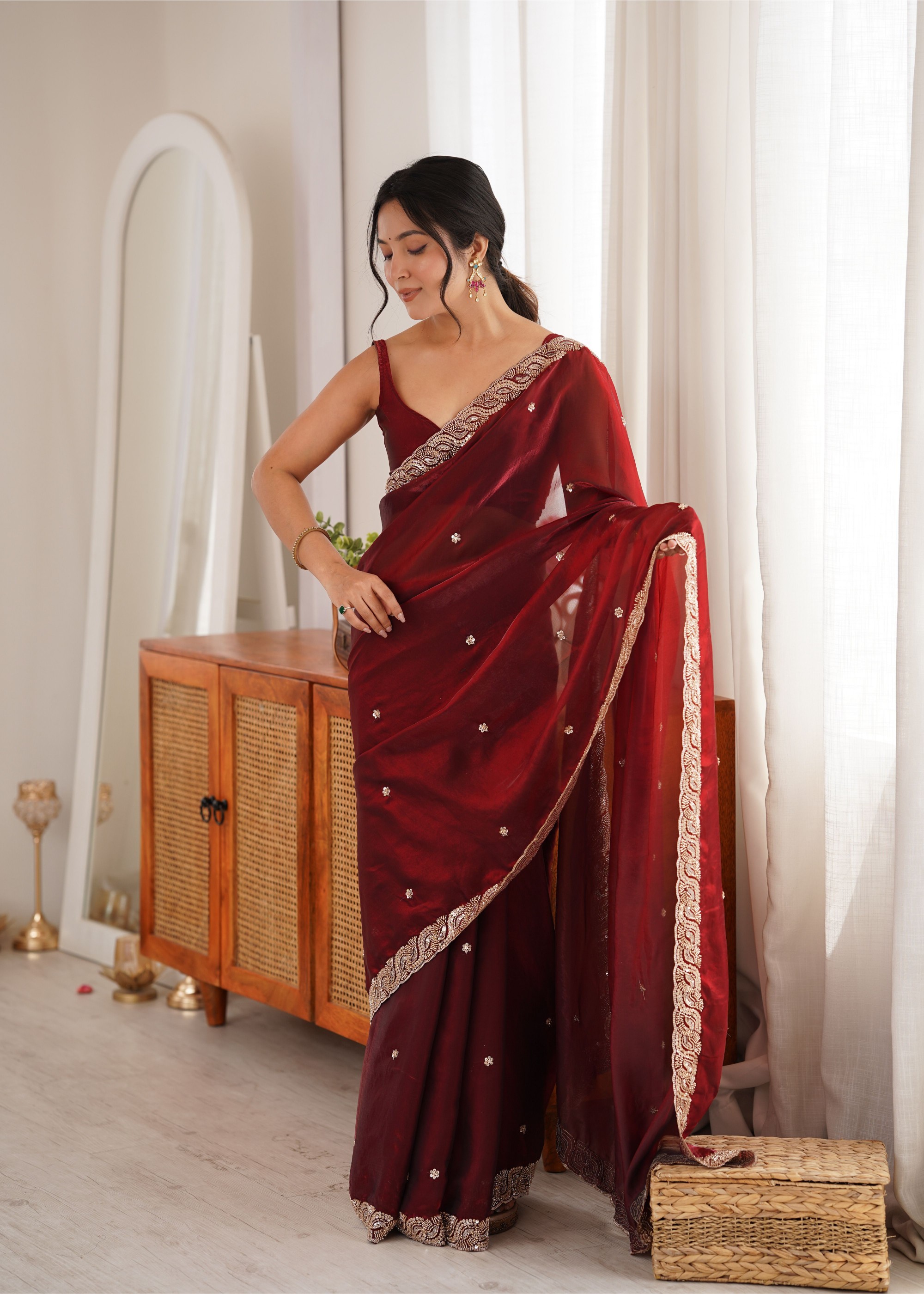 Maroon Beads Pearl Fendy Satin Saree — alternate view