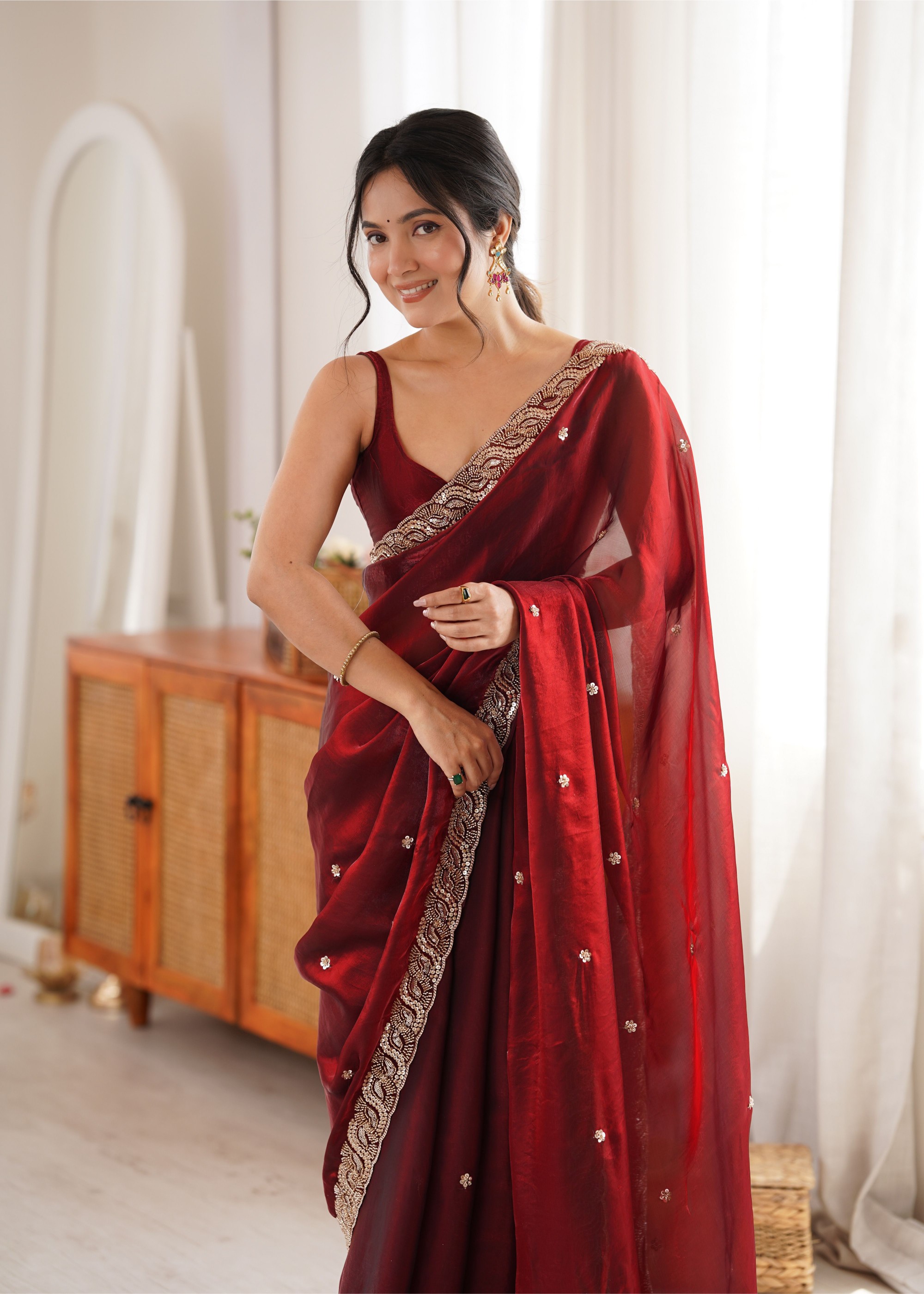 Maroon Beads Pearl Fendy Satin Saree