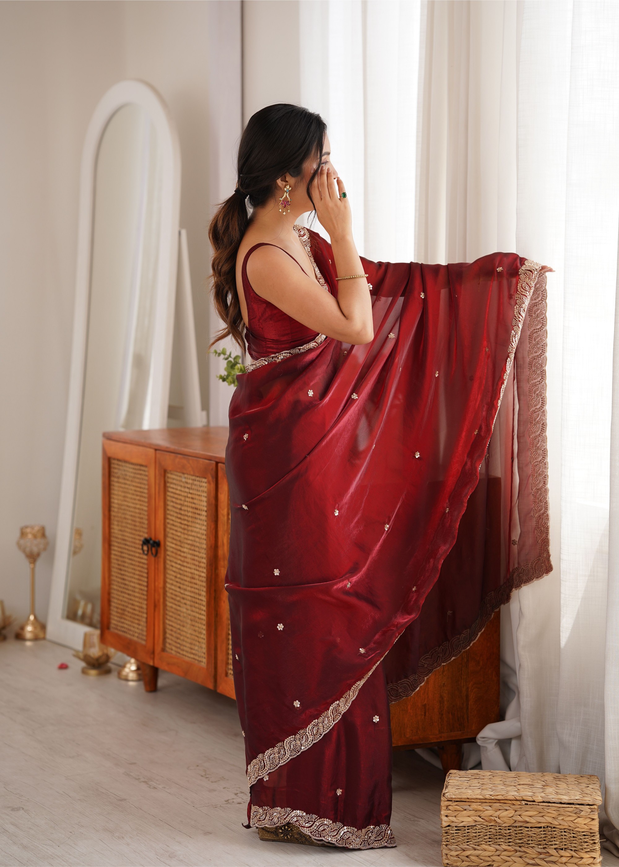 Maroon Beads Pearl Fendy Satin Saree