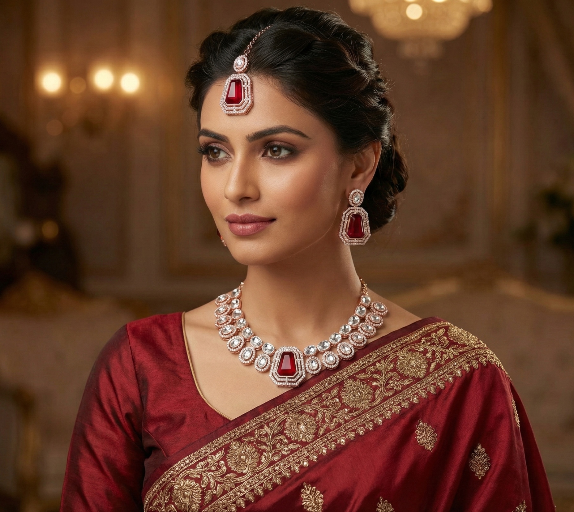 Maroon Bloom Stone Alloy Bridal Necklace