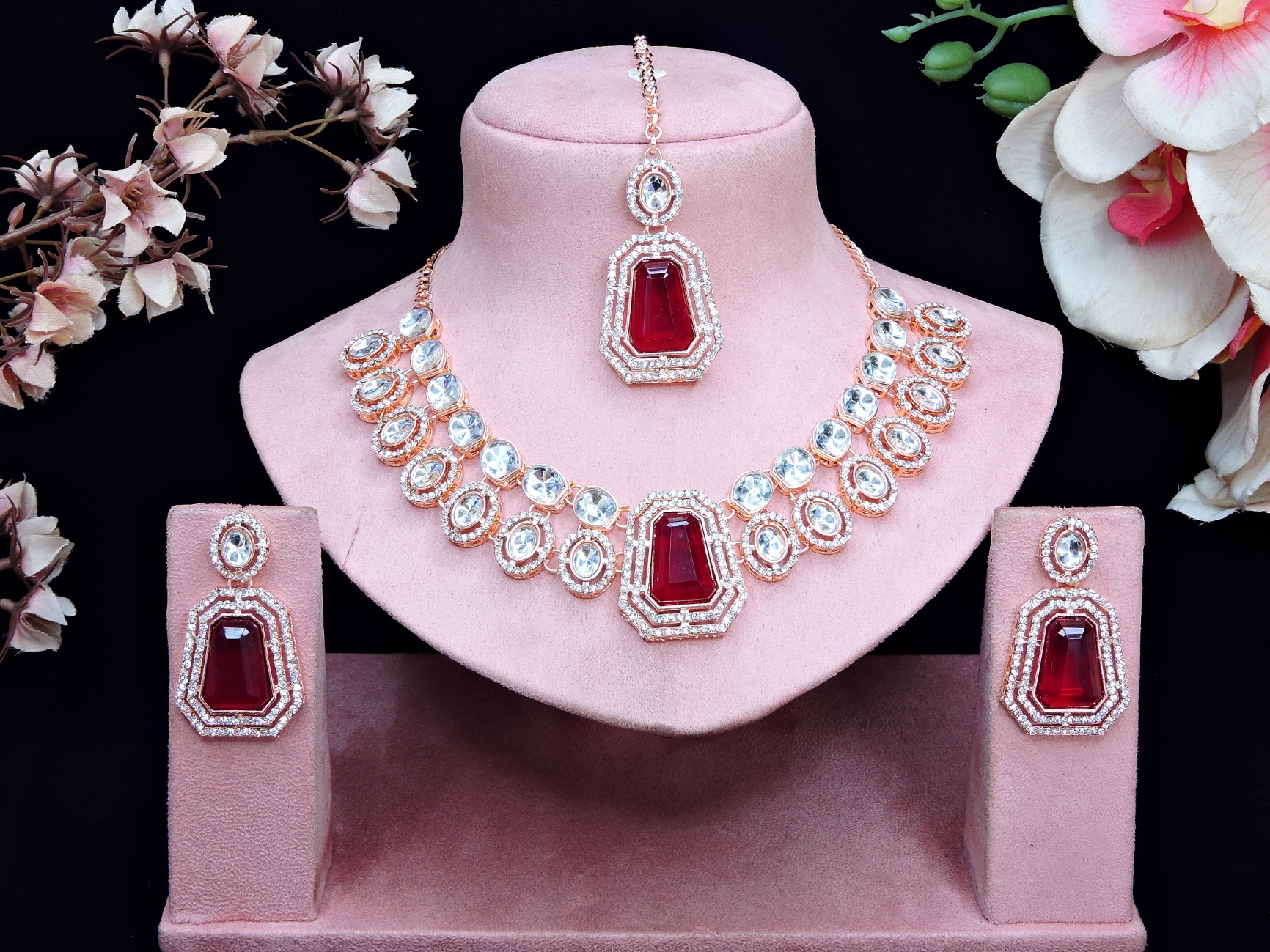 Maroon Bloom Stone Alloy Bridal Necklace — alternate view