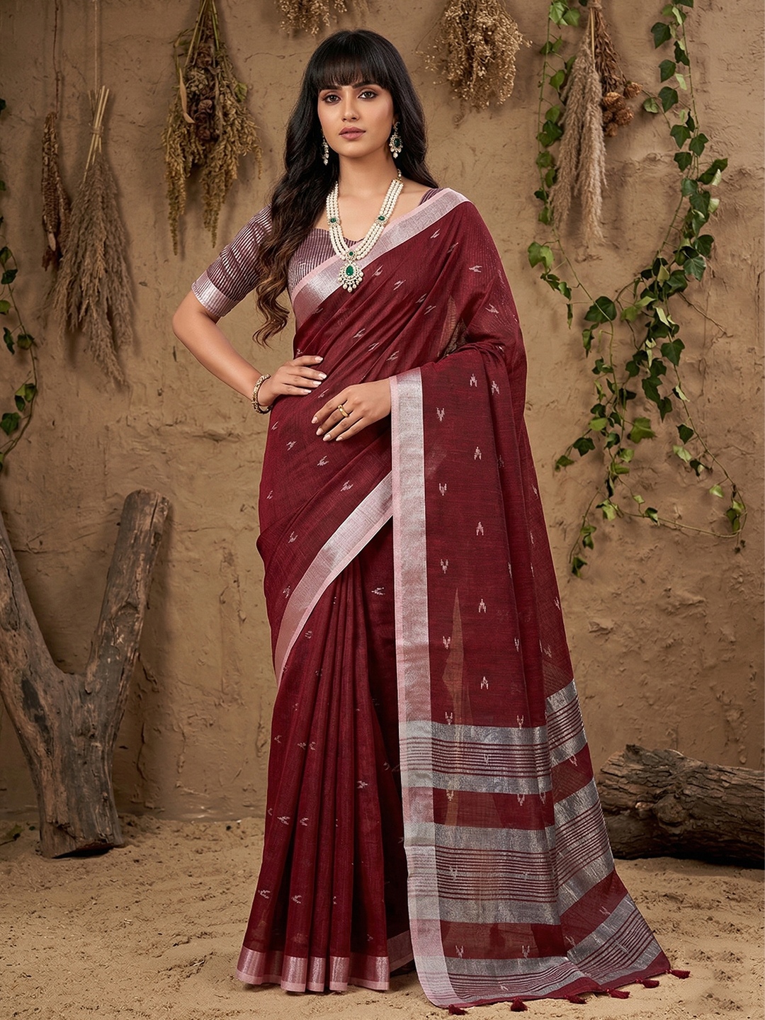 Maroon Border Embroidery Linen Saree