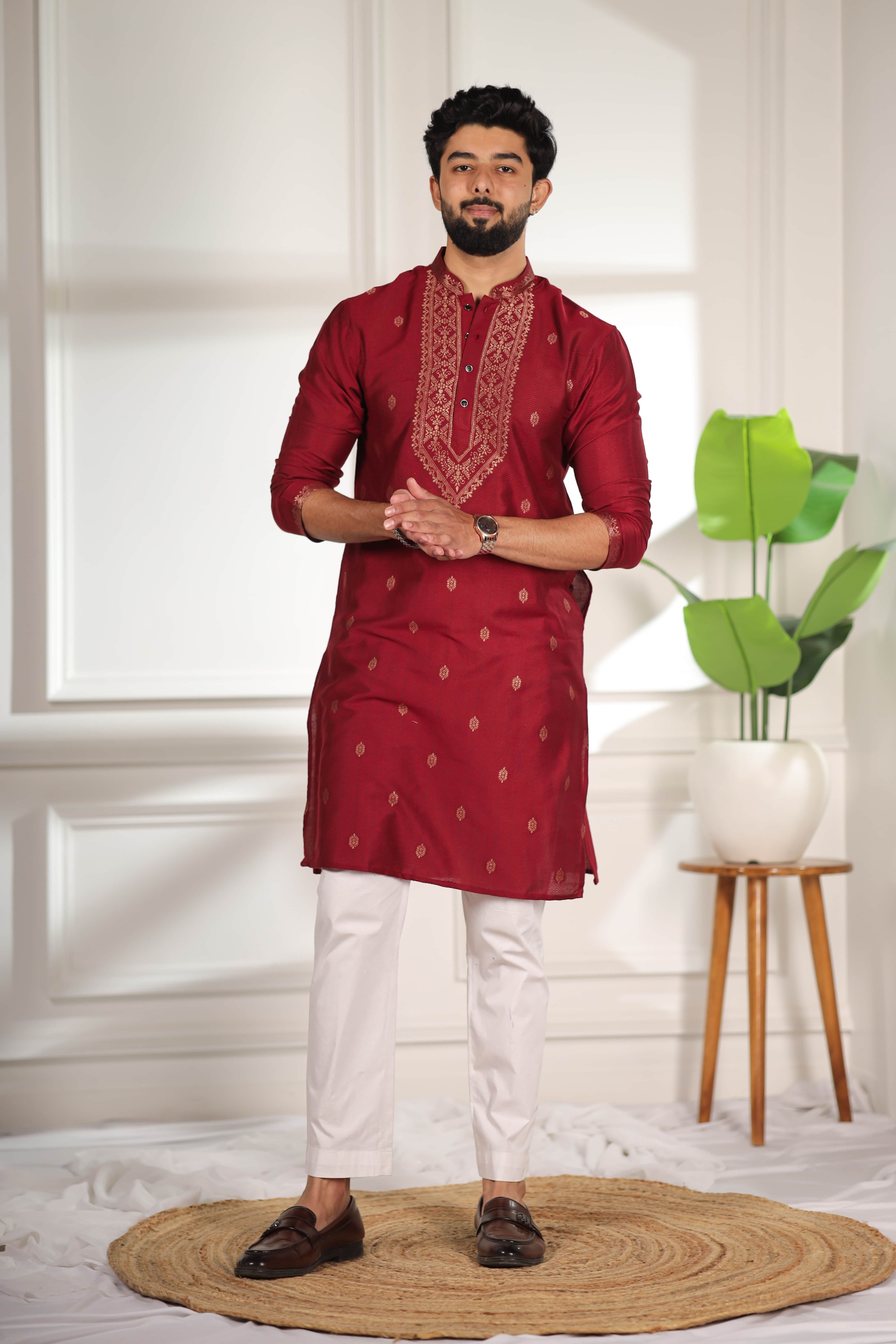 Maroon Butti Jacquard Cotton Kurta Pyjama
