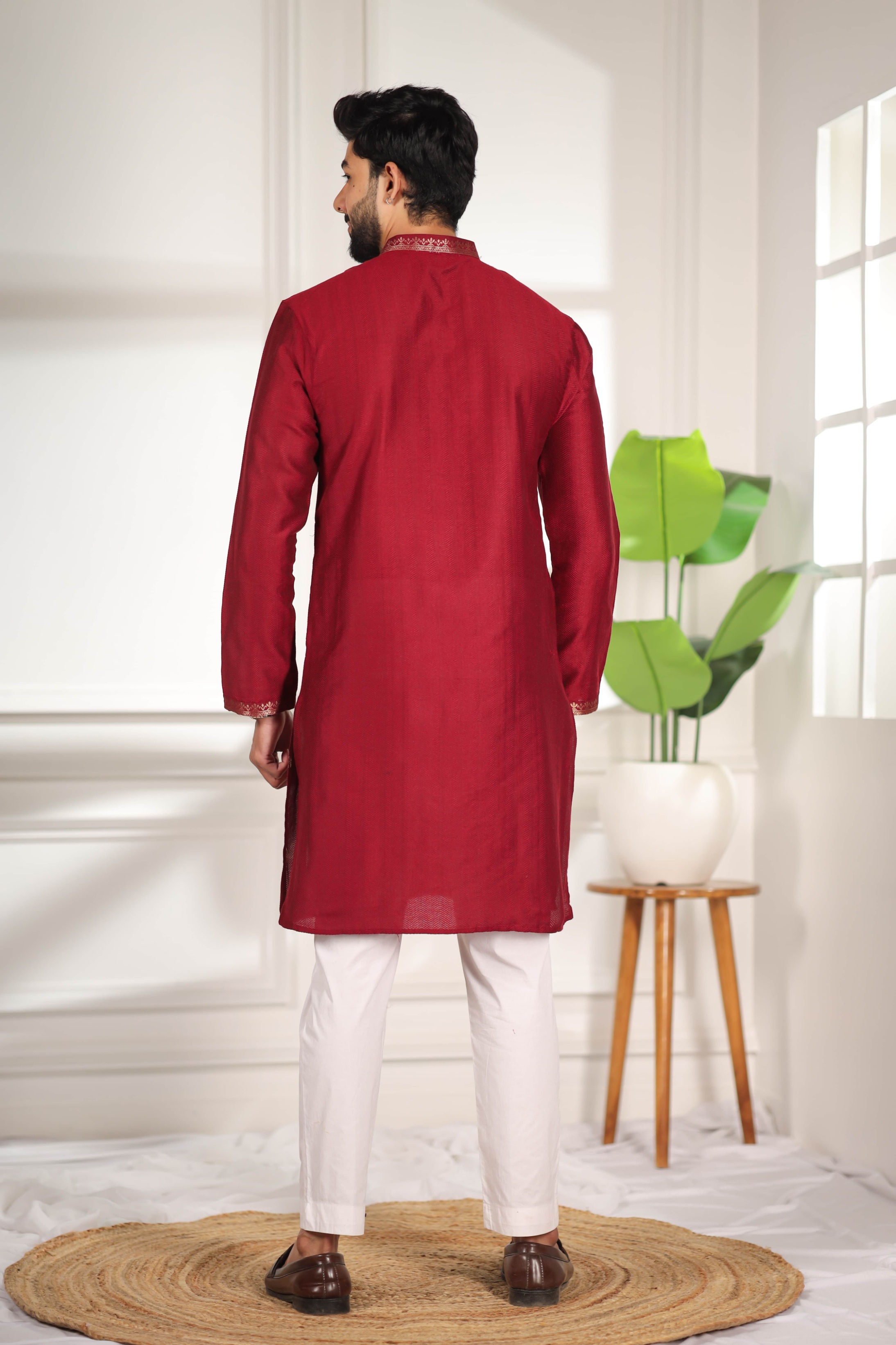 Maroon Butti Jacquard Cotton Kurta Pyjama — alternate view