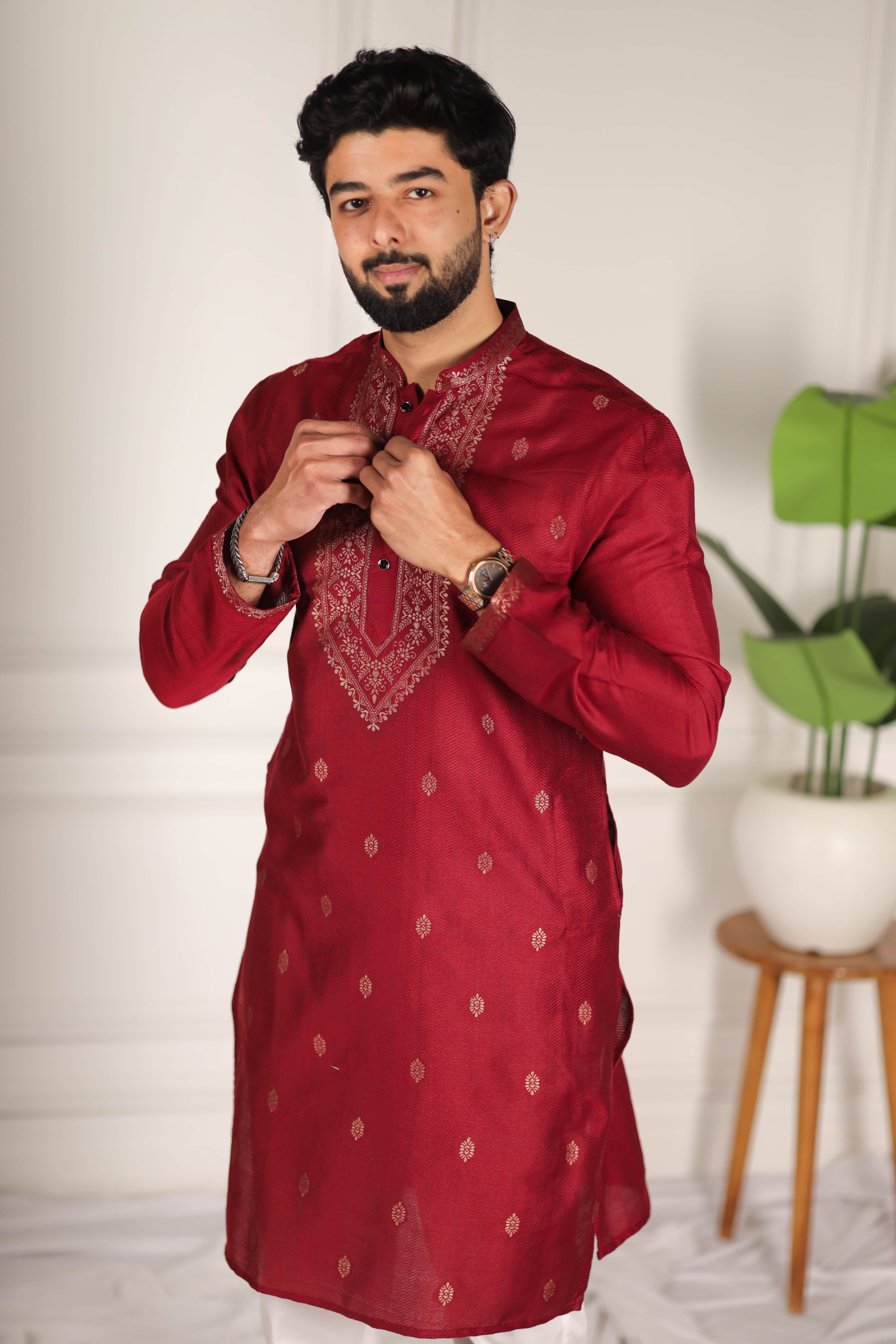 Maroon Butti Jacquard Cotton Kurta Pyjama