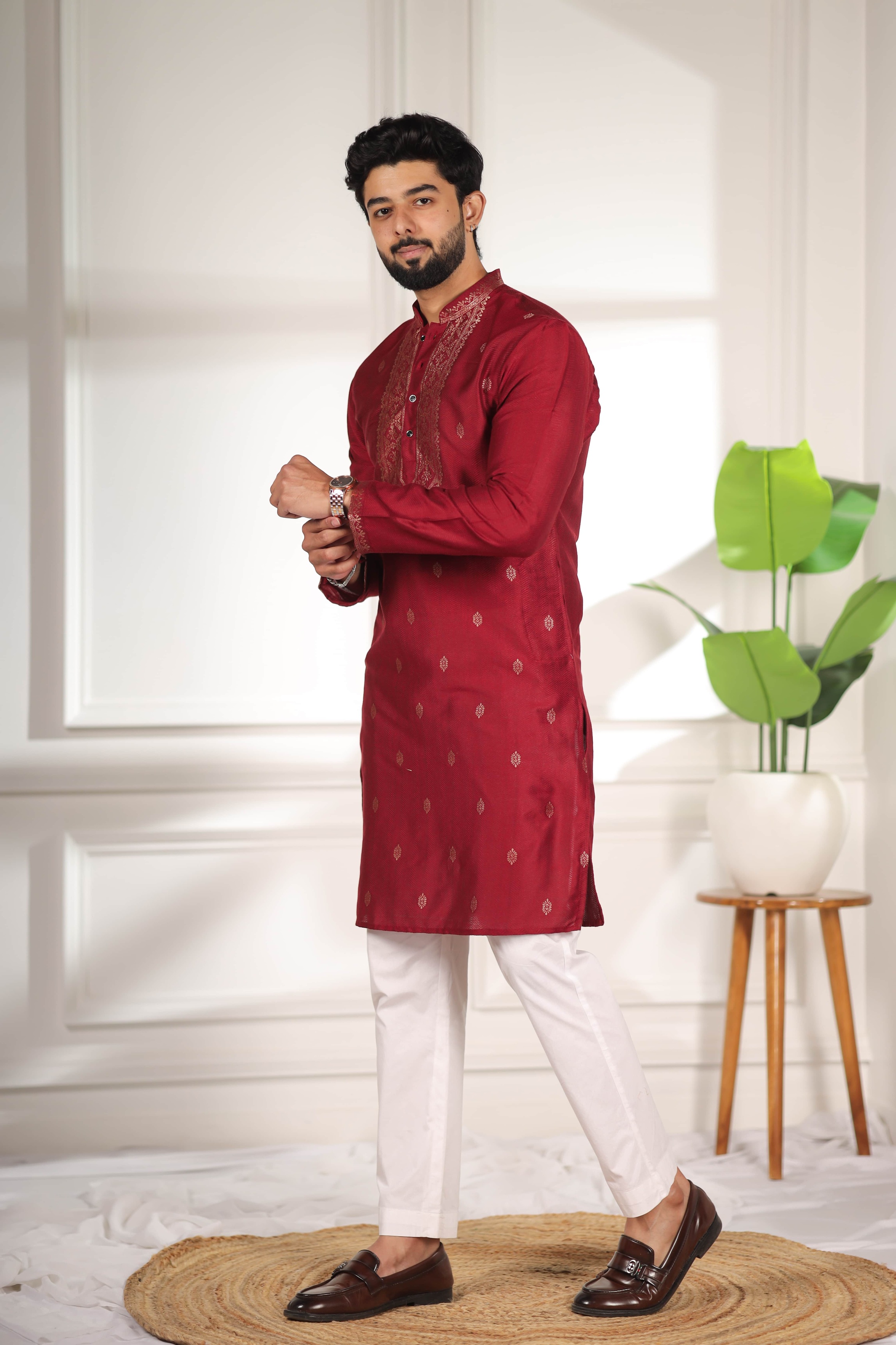 Maroon Butti Jacquard Cotton Kurta Pyjama