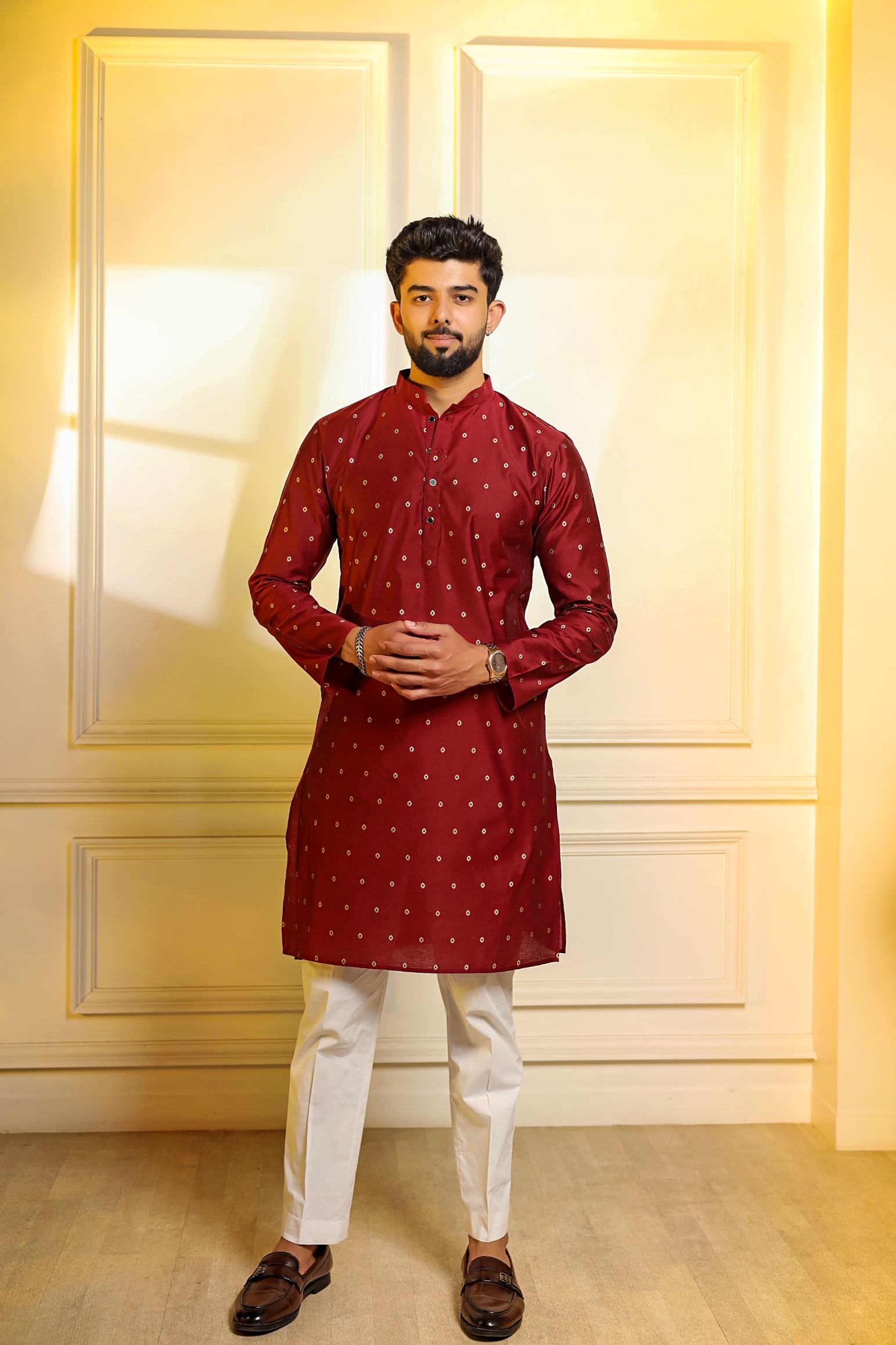 Maroon Butti Woven Cotton Kurta Pyjama