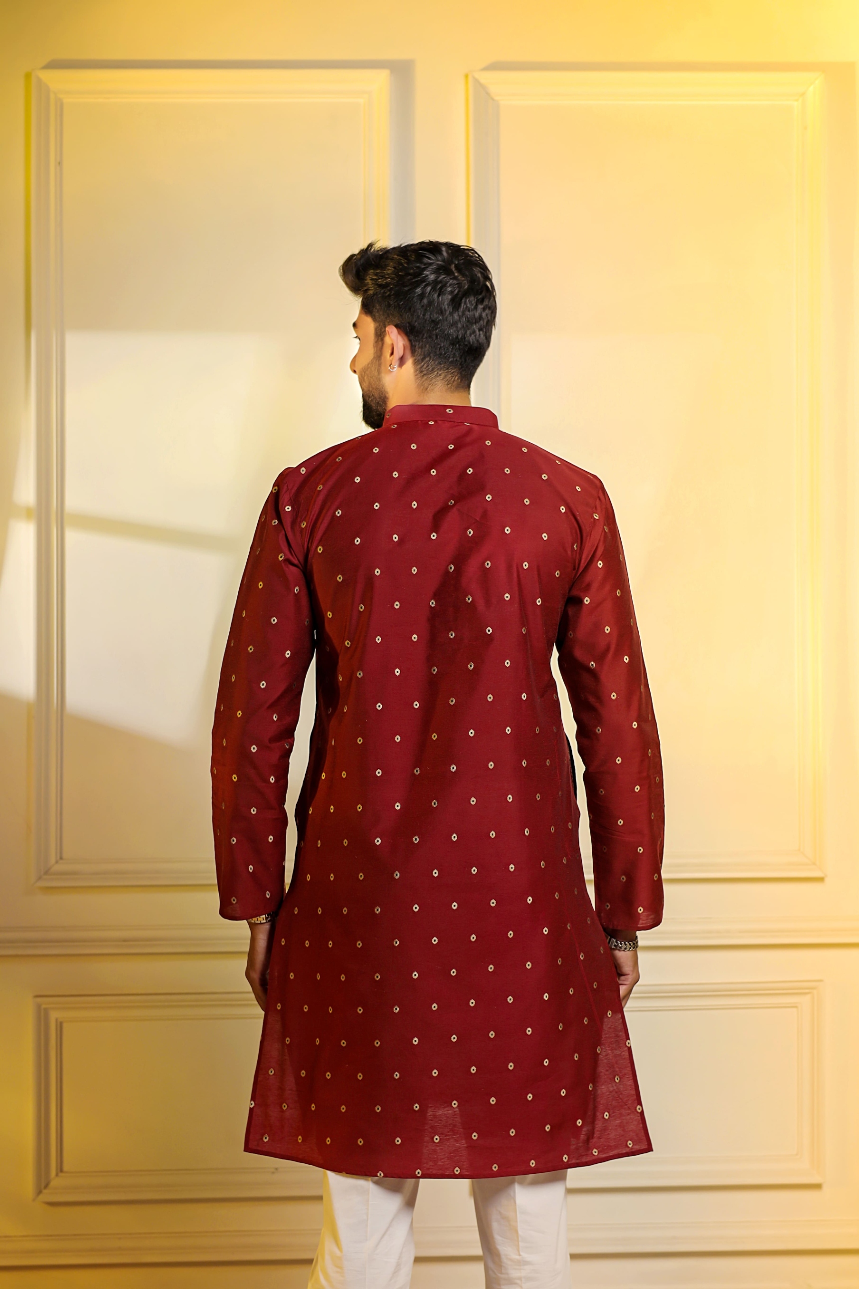 Maroon Butti Woven Cotton Kurta Pyjama — alternate view