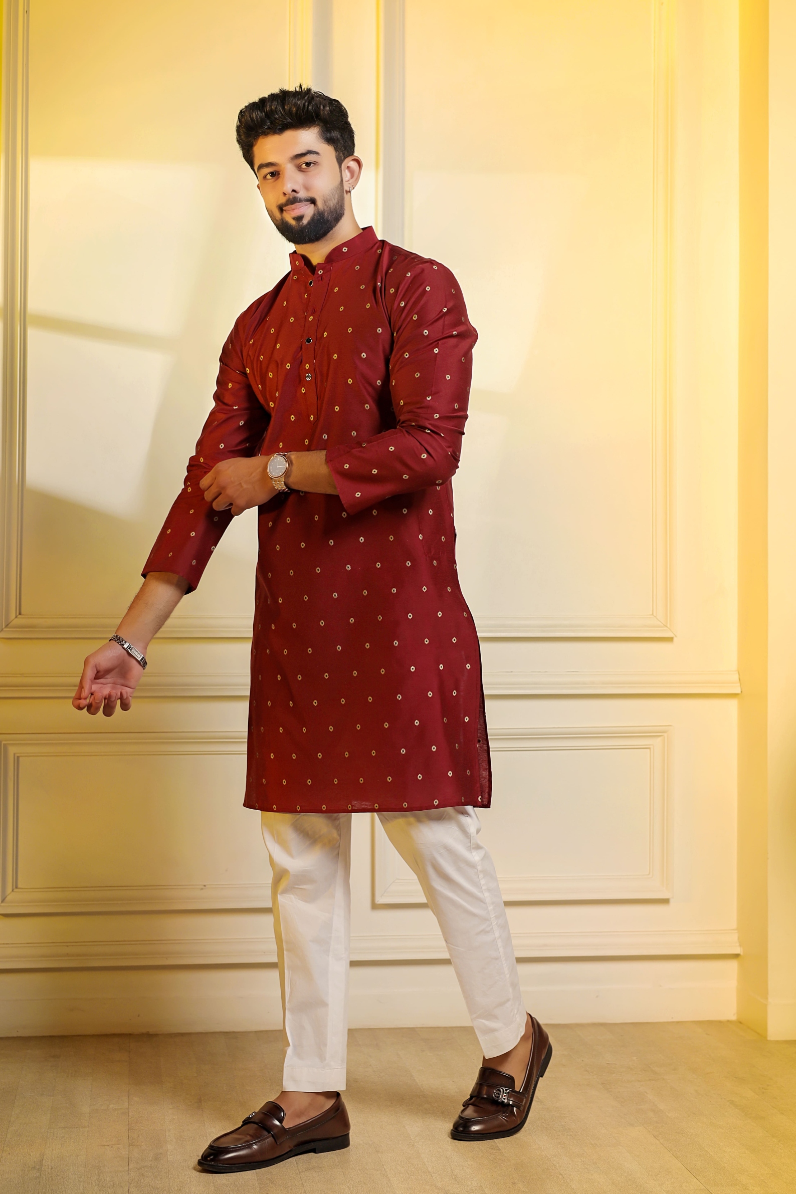 Maroon Butti Woven Cotton Kurta Pyjama