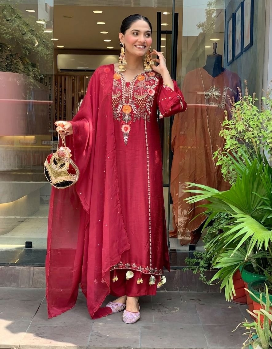 Maroon Chanderi Embroidered Kurta Set