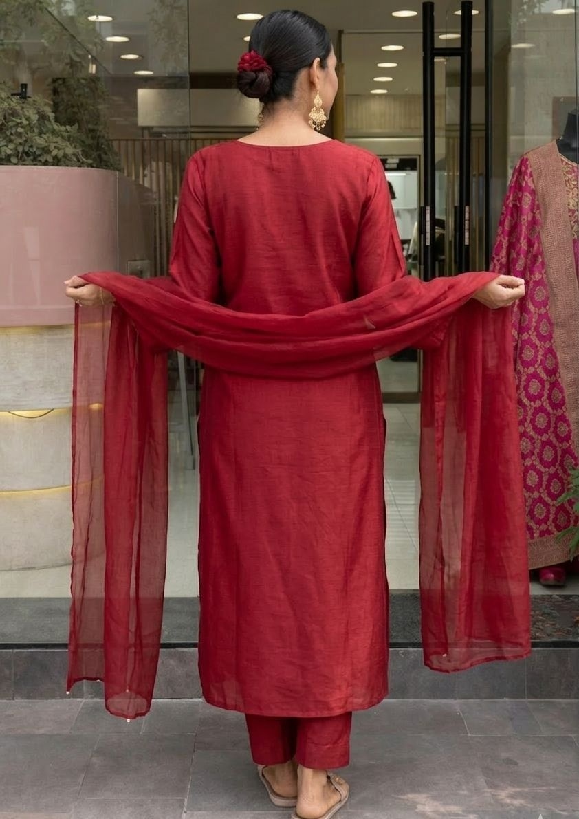 Maroon Chanderi Embroidered Kurta Set — alternate view