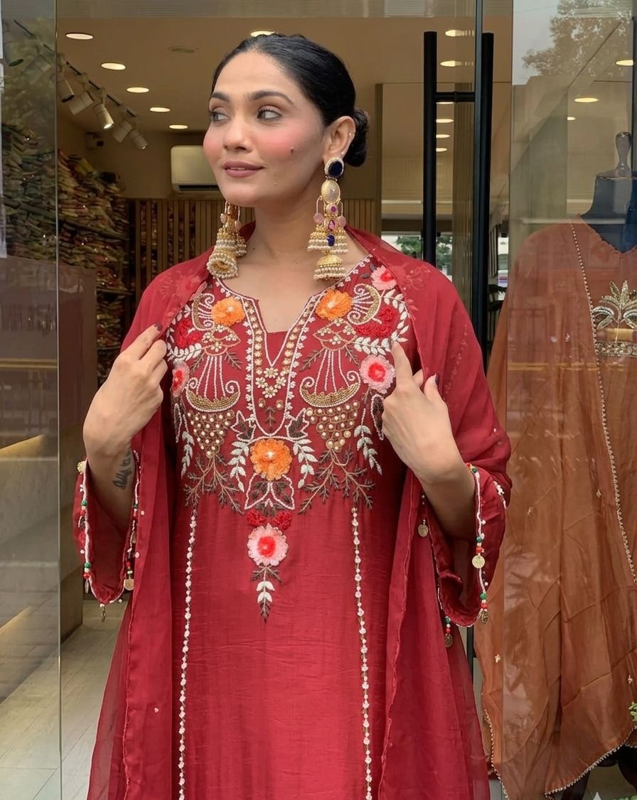 Maroon Chanderi Embroidered Kurta Set