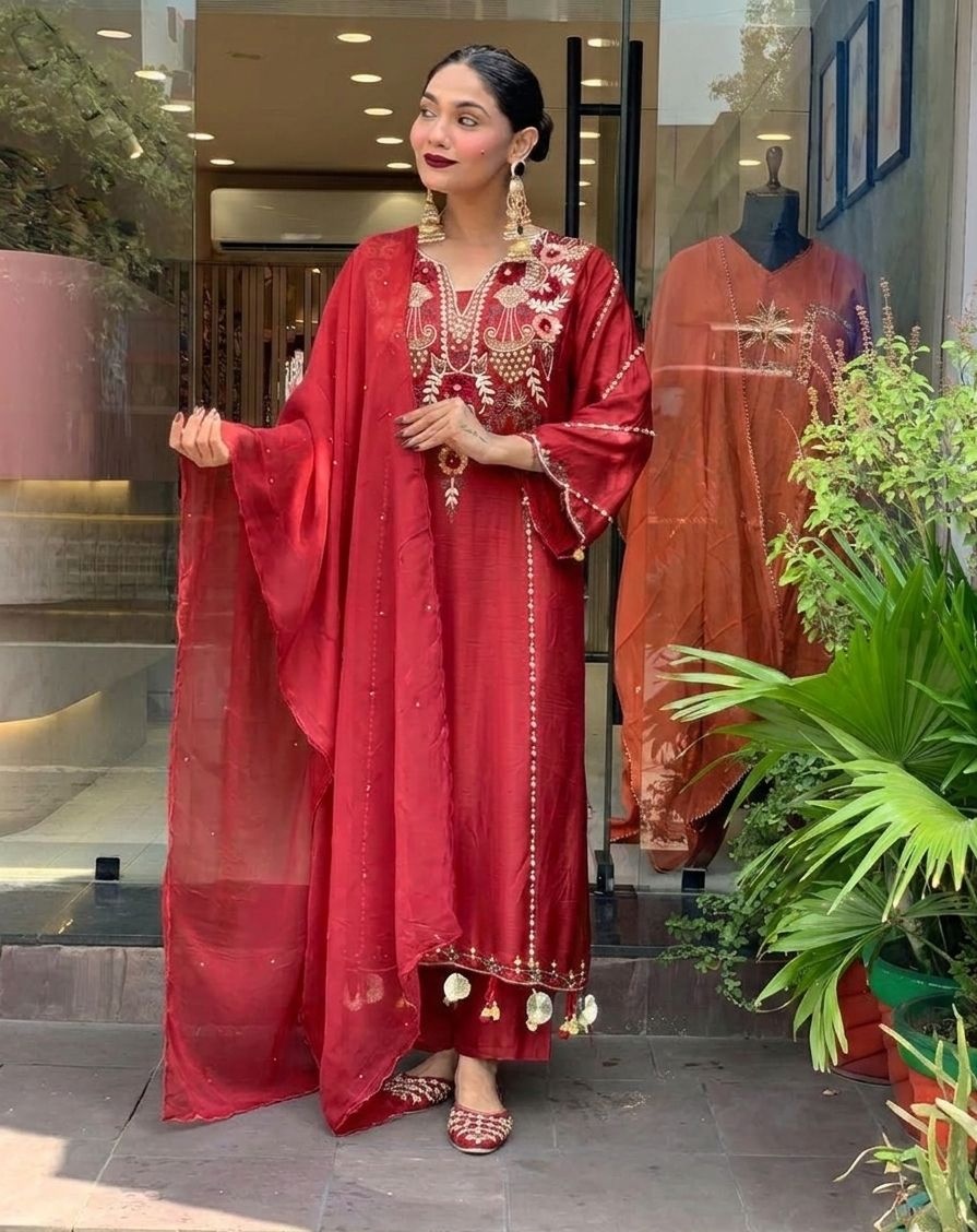 Maroon Chanderi Embroidered Kurta Set