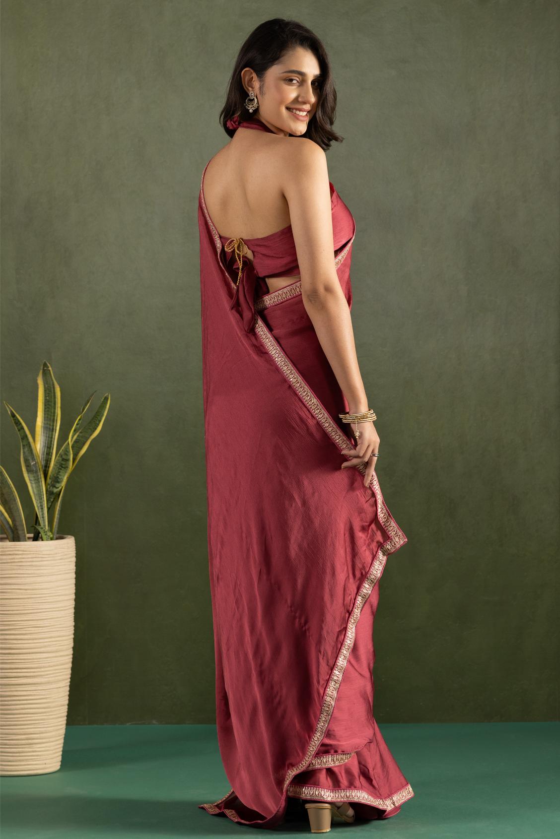 Maroon Chiffon Ready To Wear Saree — alternate view