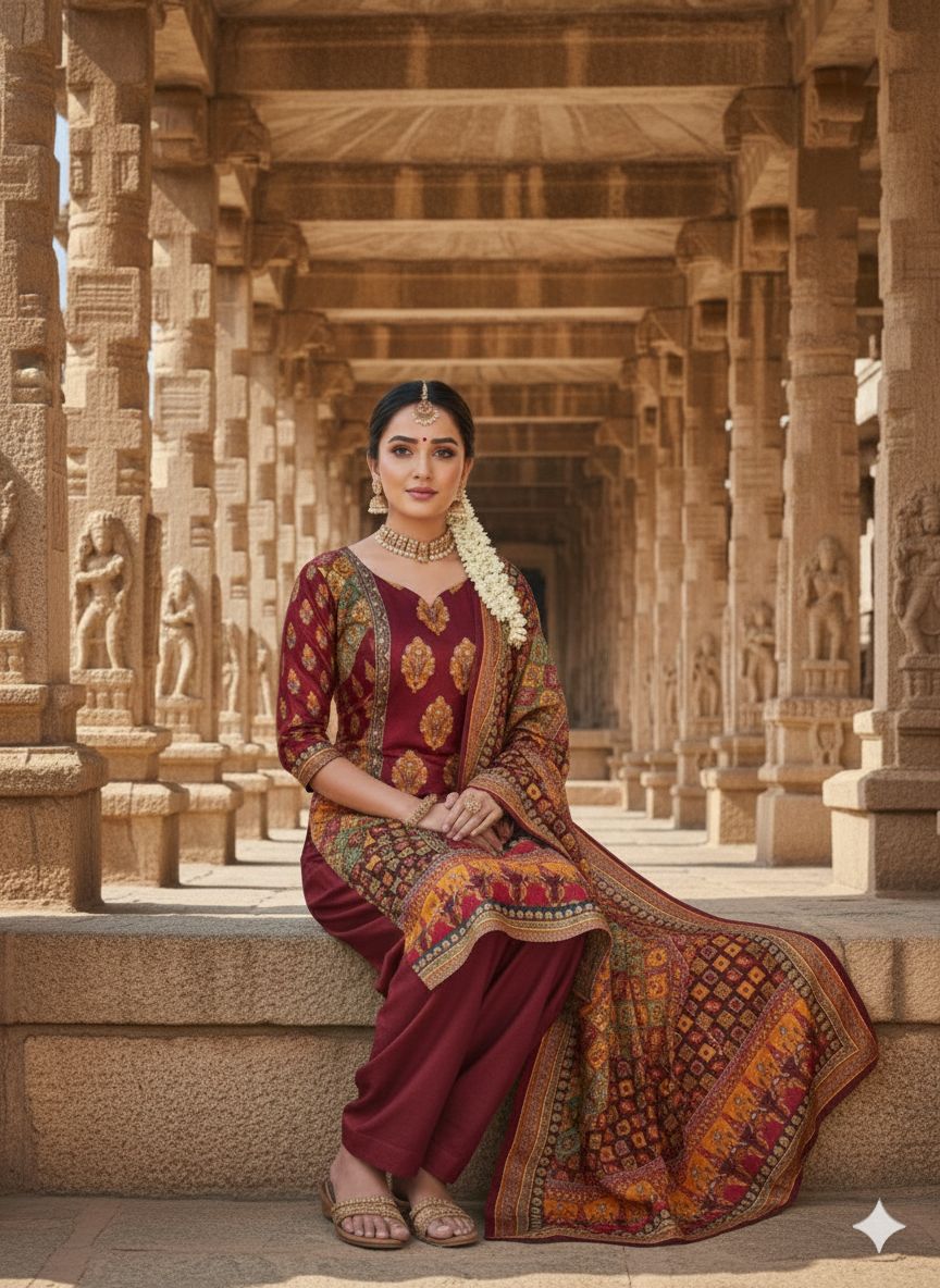 Maroon Chinon Designer Printed Salwar Suit — alternate view