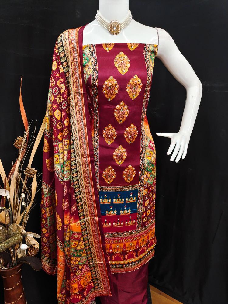 Maroon Chinon Designer Printed Salwar Suit