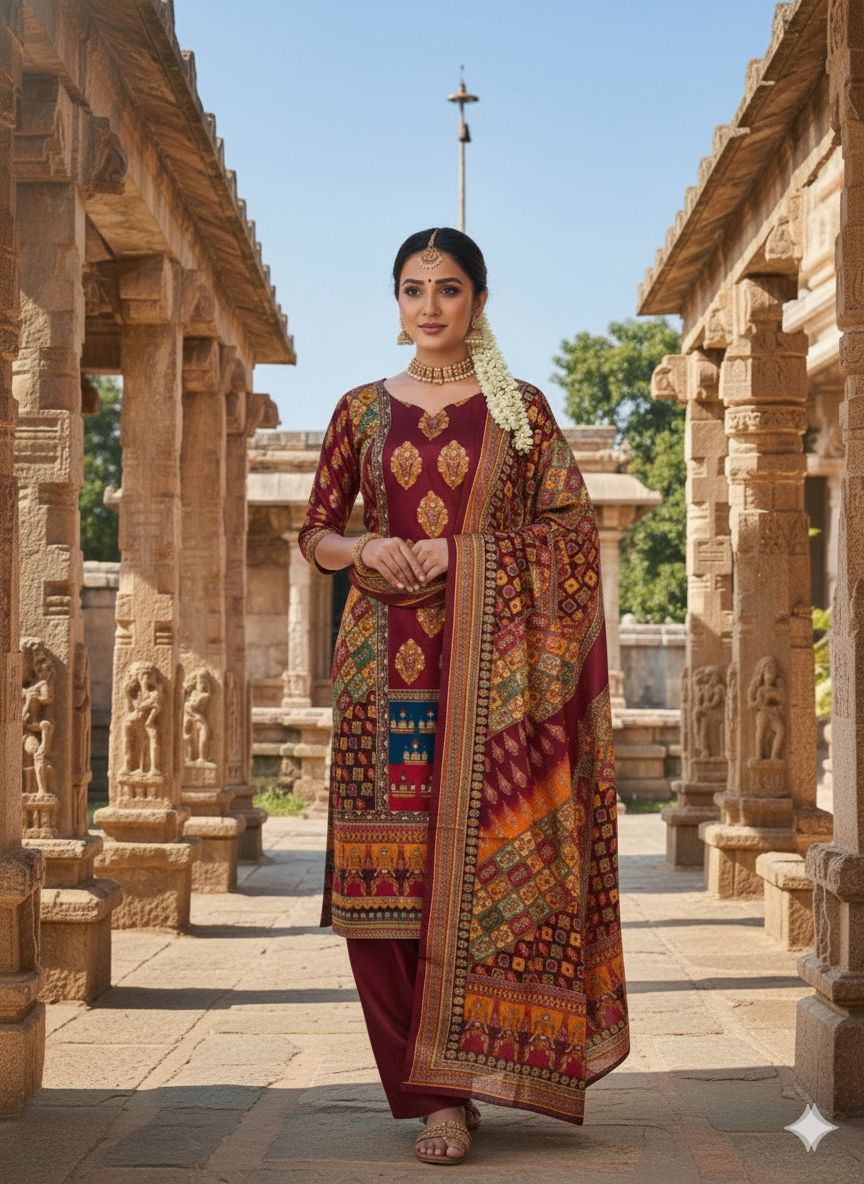 Maroon Chinon Designer Printed Salwar Suit
