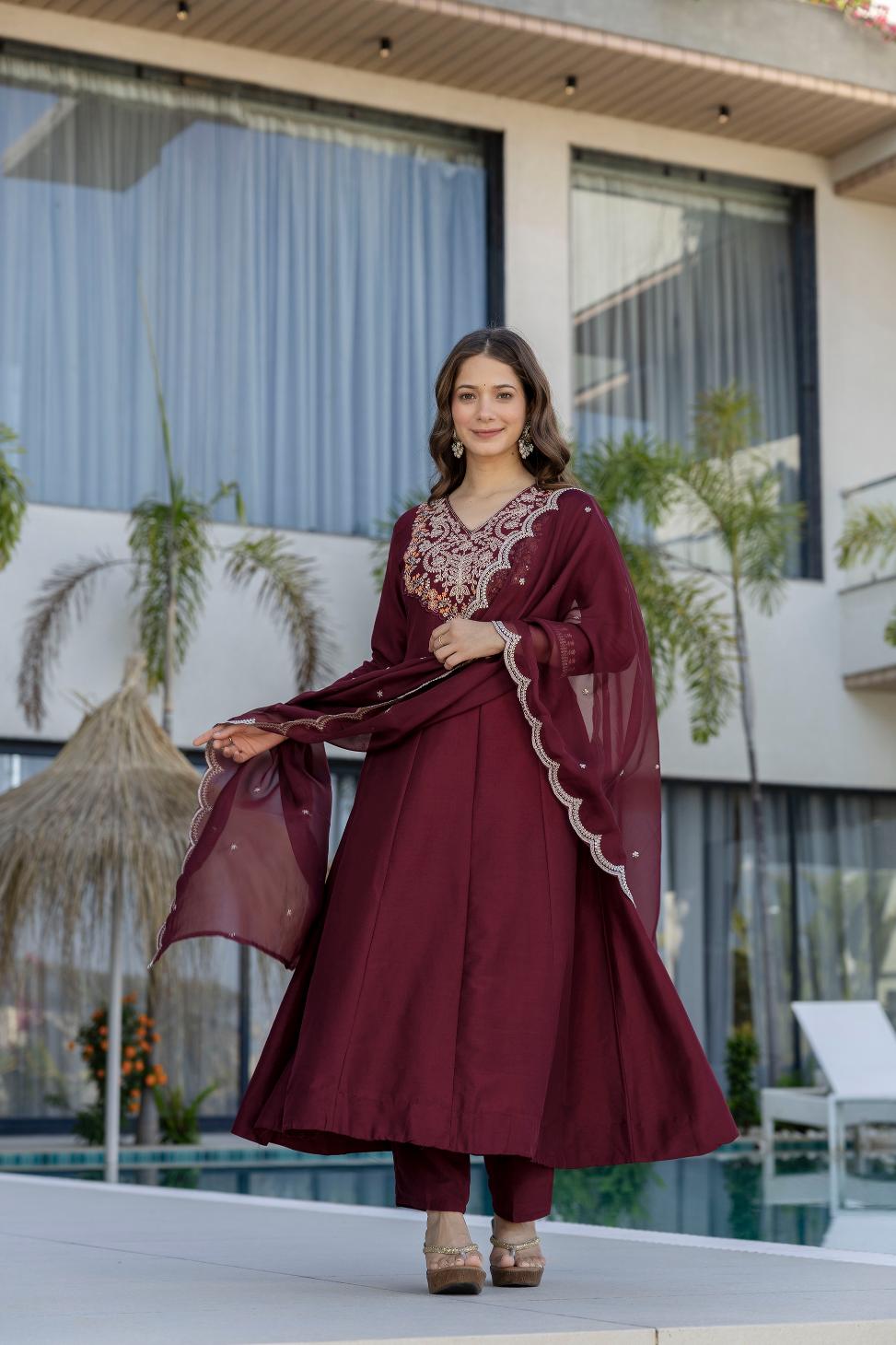 Maroon Chinon Embroidered Salwar Suit