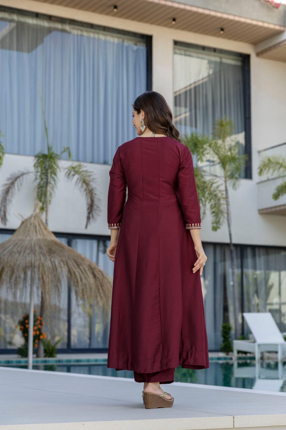 Maroon Chinon Embroidered Salwar Suit — alternate view