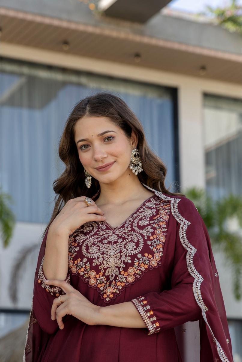 Maroon Chinon Embroidered Salwar Suit
