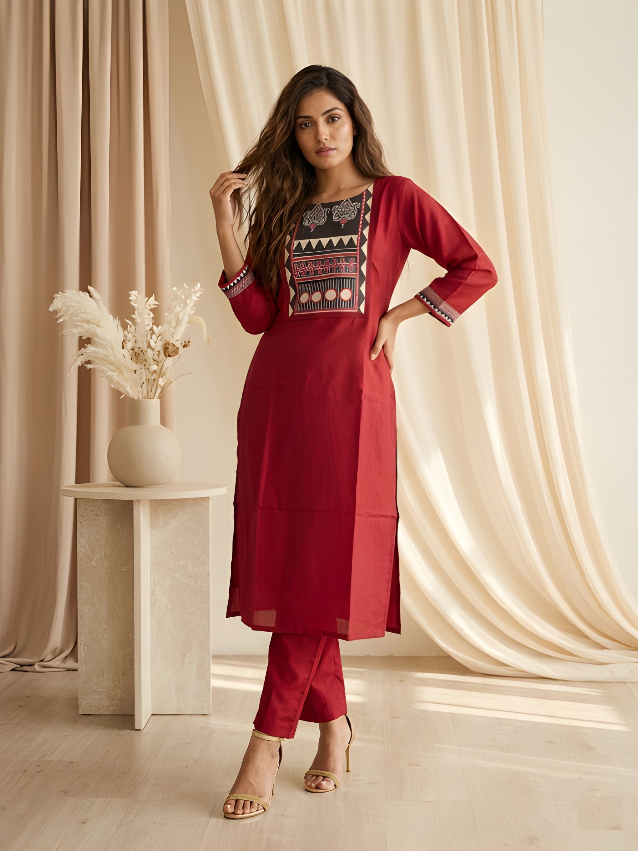 Maroon Contemporary Designer Printed Roman Silk Straight Kurta Set