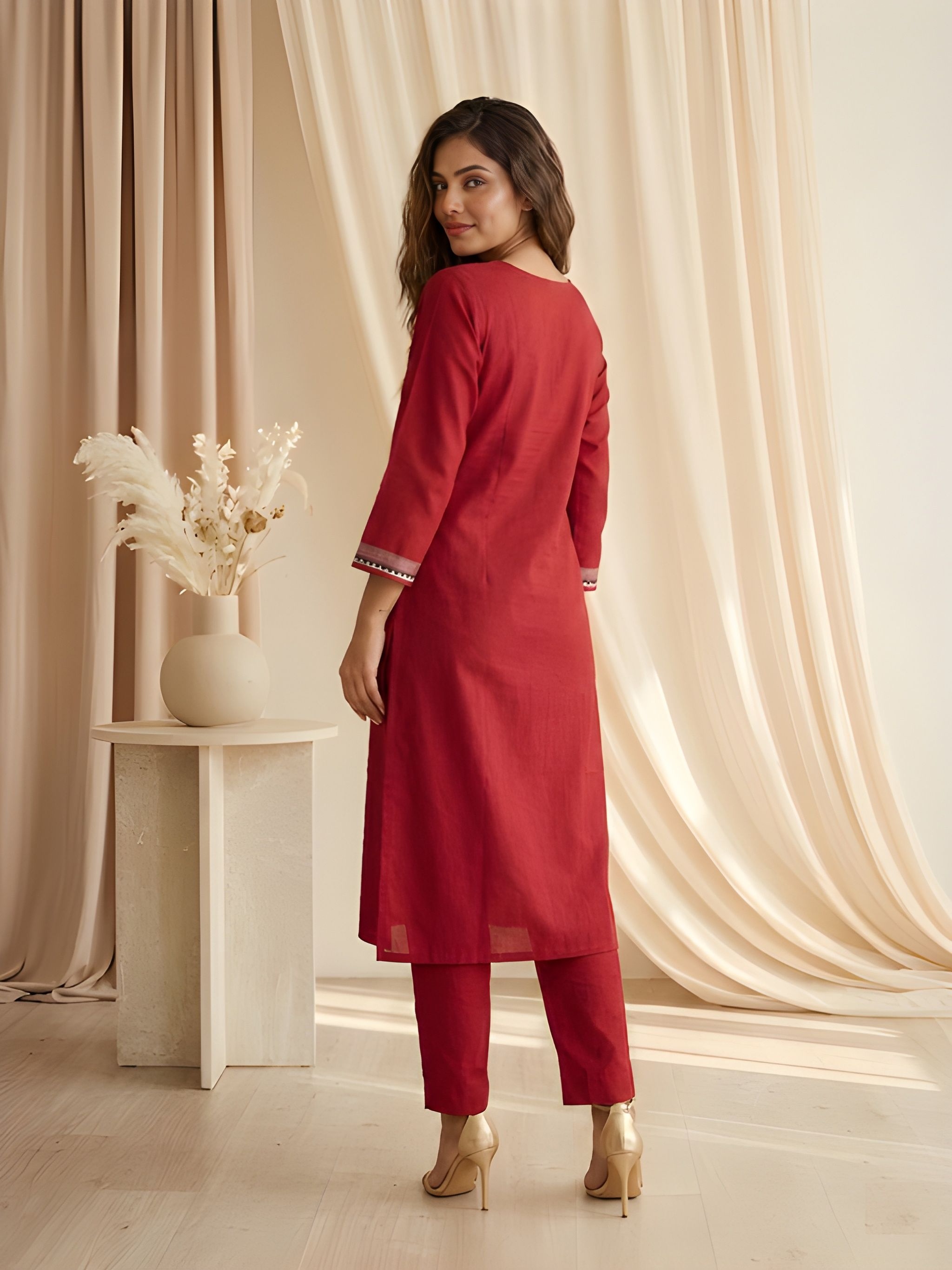 Maroon Contemporary Designer Printed Roman Silk Straight Kurta Set — alternate view