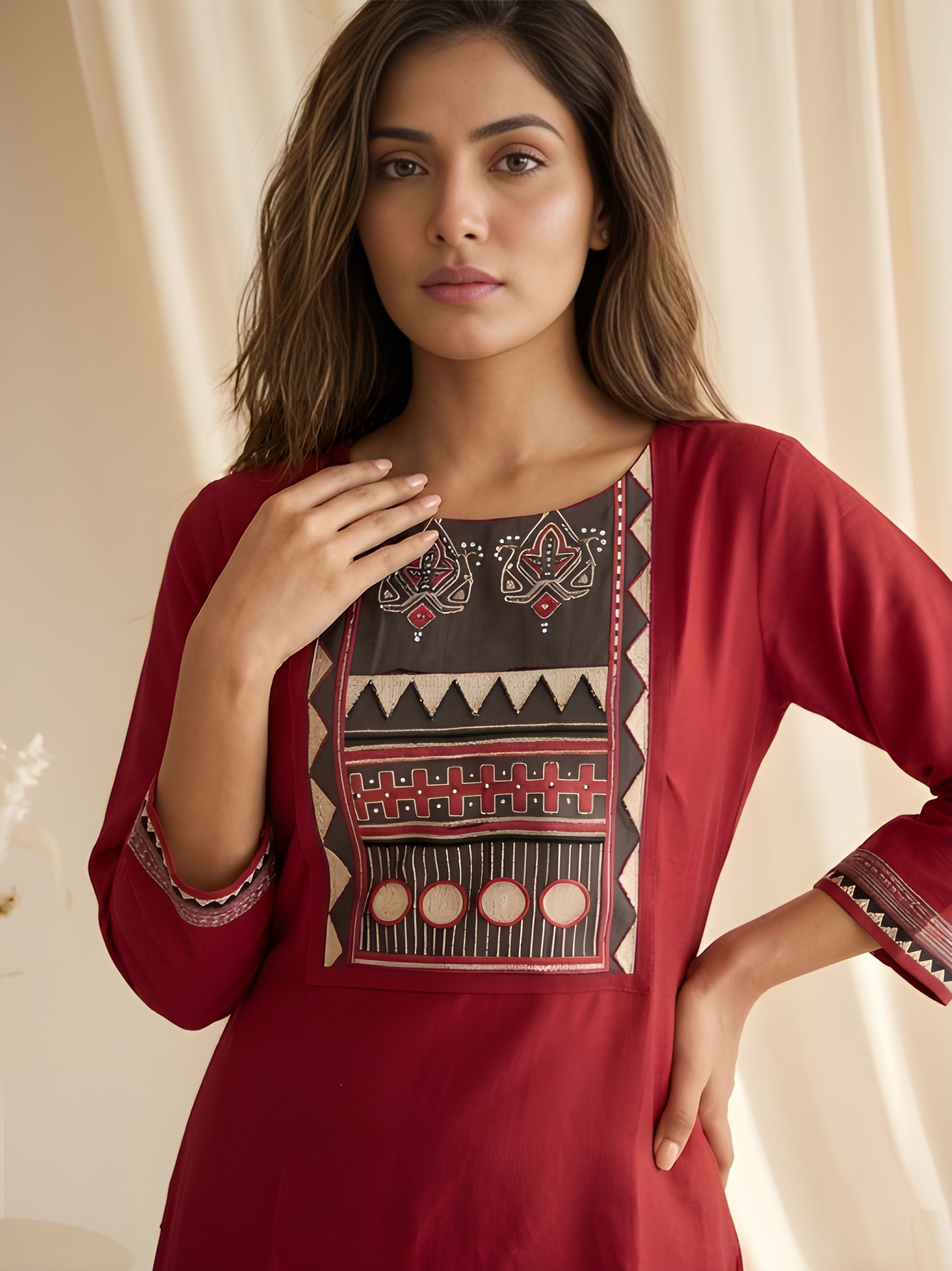Maroon Contemporary Designer Printed Roman Silk Straight Kurta Set