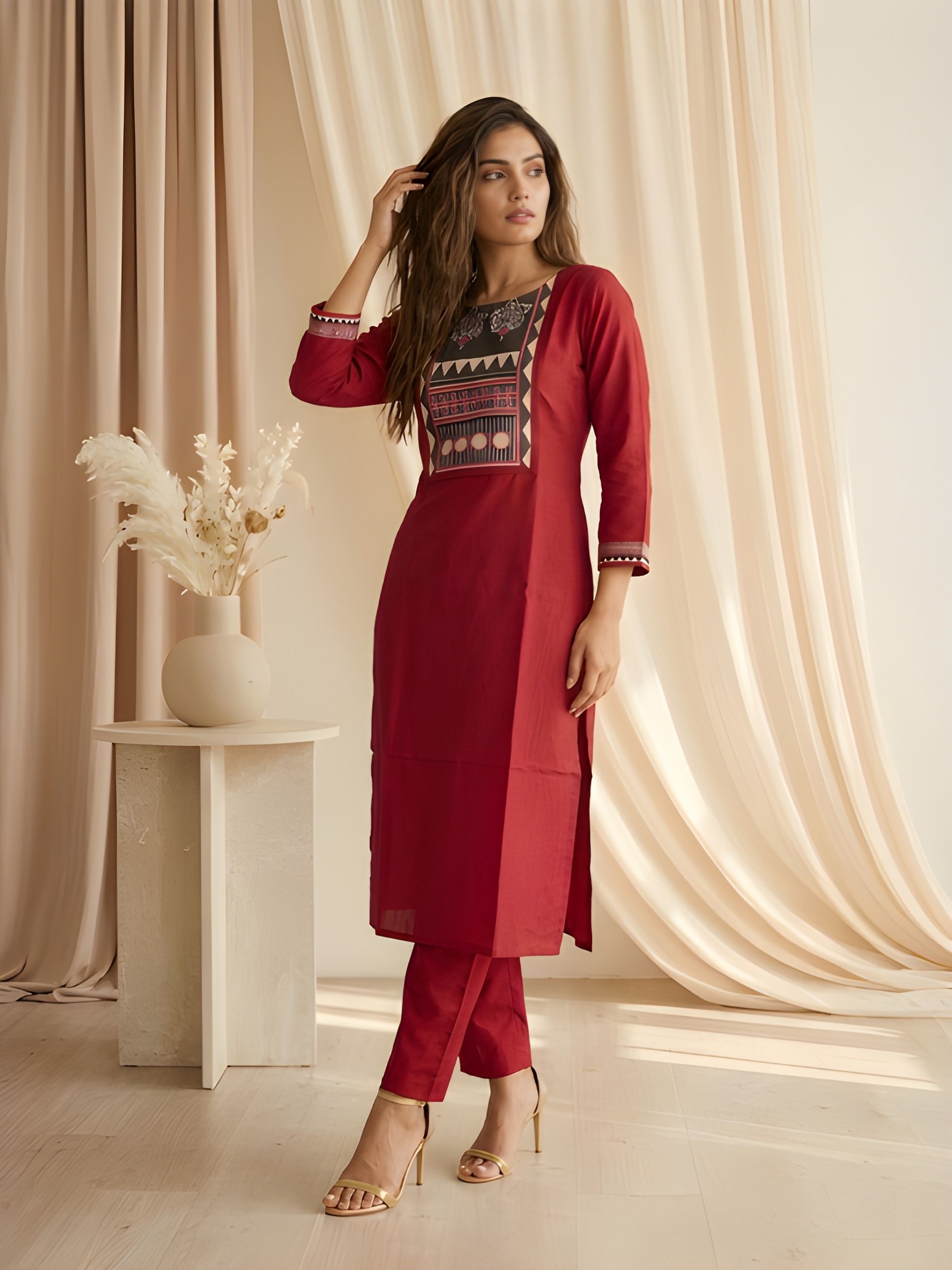 Maroon Contemporary Designer Printed Roman Silk Straight Kurta Set