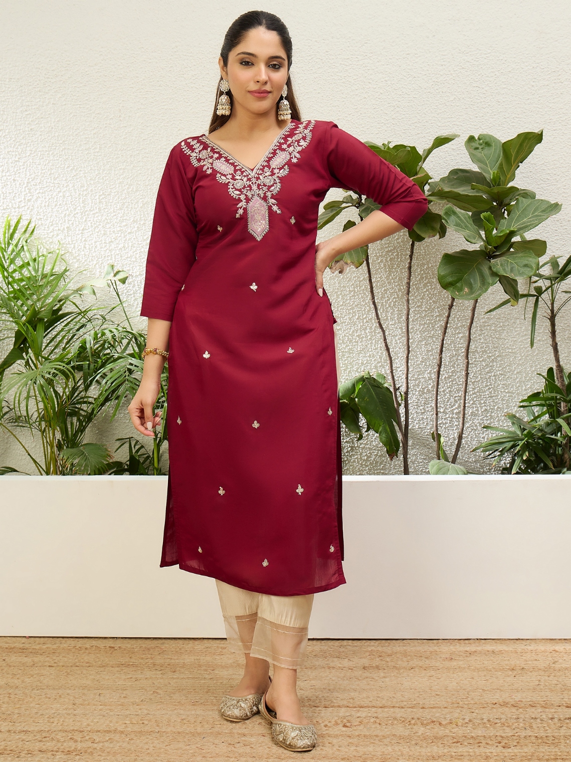 Maroon Contemporary Embroidered Silk Blend Straight Kurti