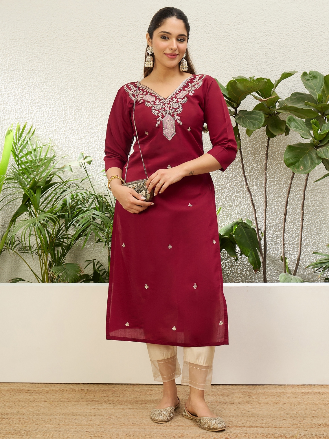 Maroon Contemporary Embroidered Silk Blend Straight Kurti
