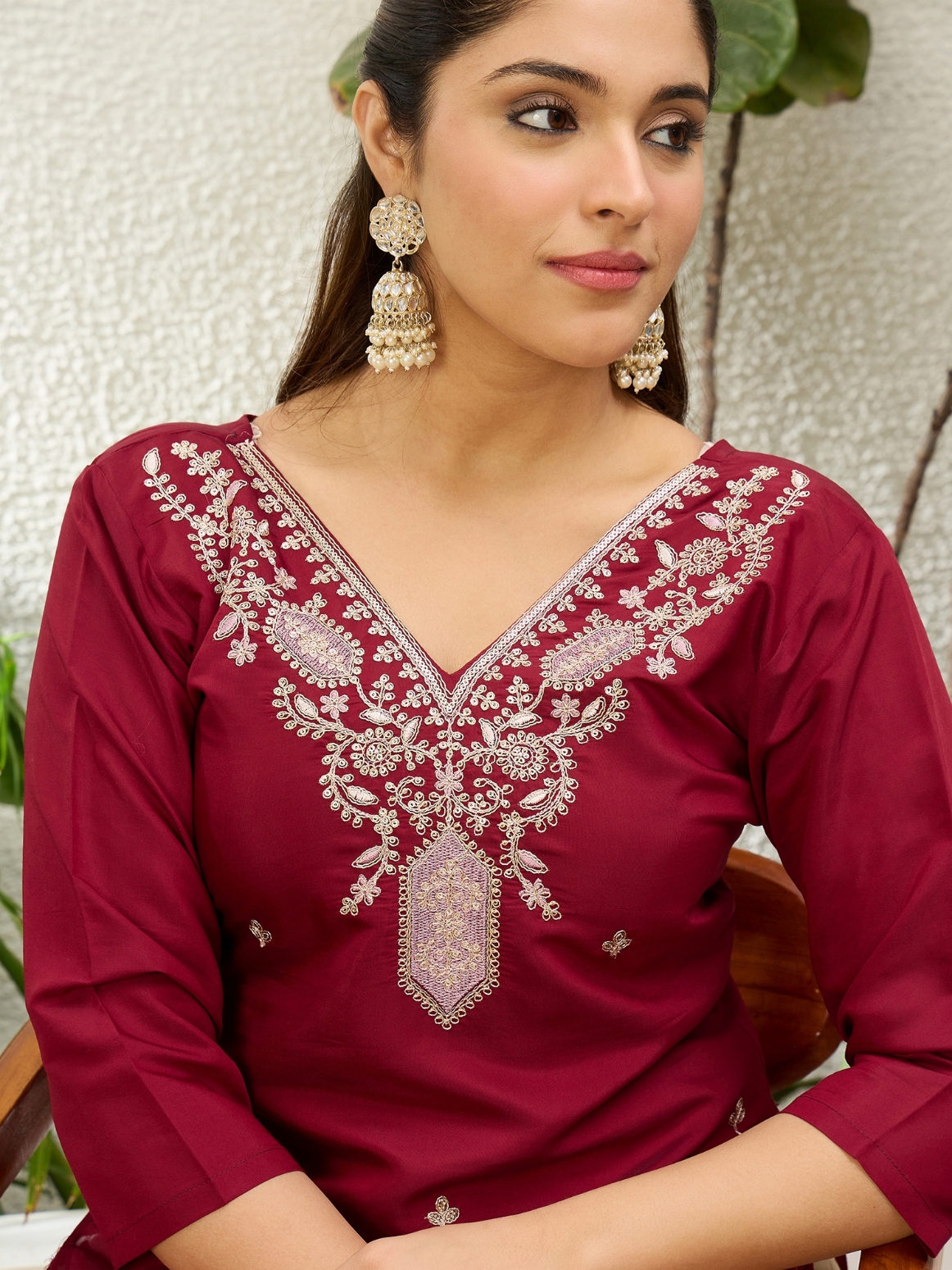 Maroon Contemporary Embroidered Silk Blend Straight Kurti