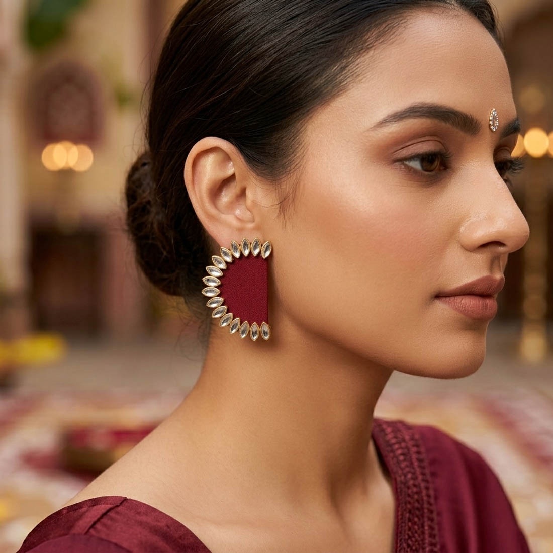 Maroon Contemporary Stone Stud Earrings