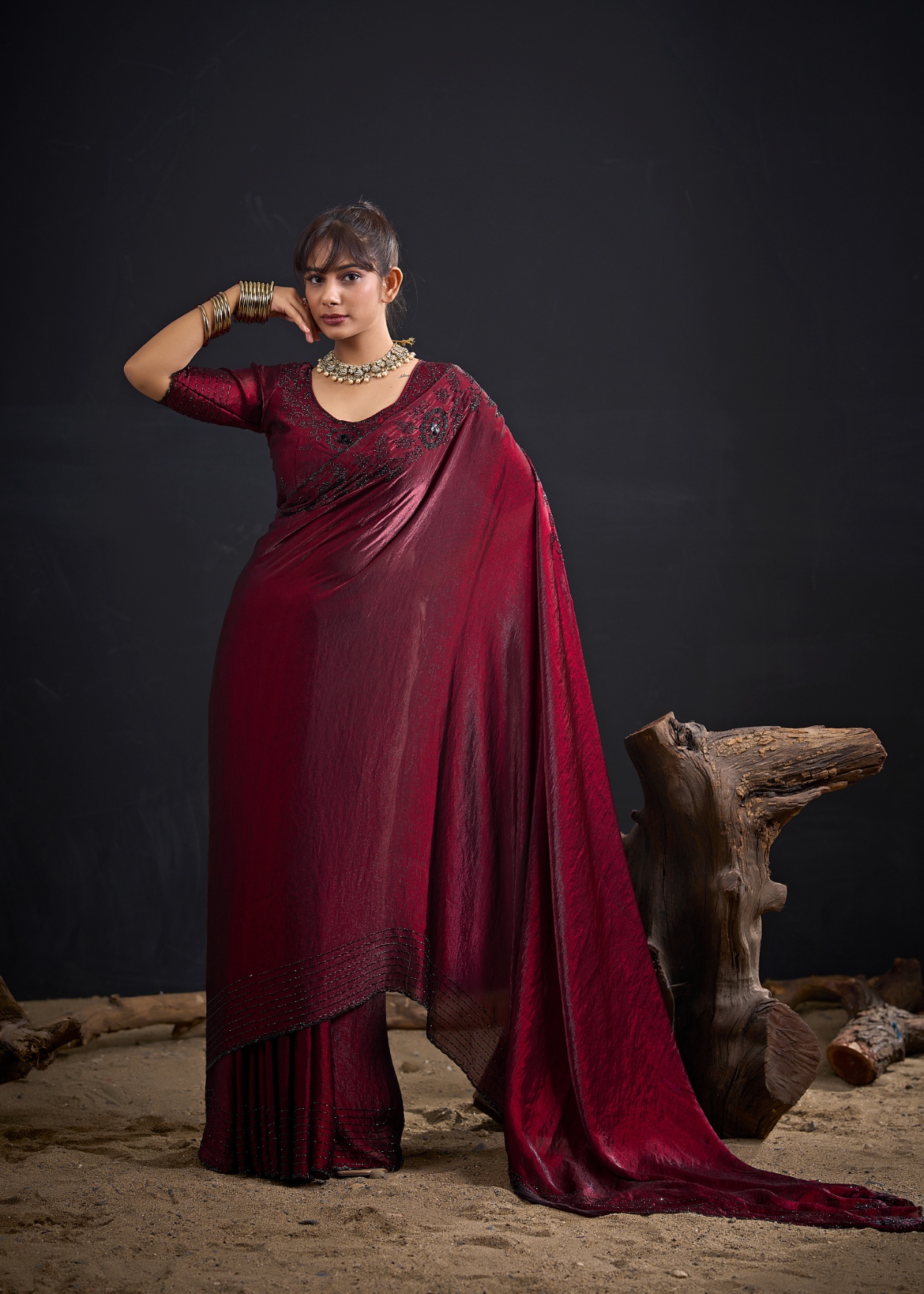 Maroon Contemporary Zircon Work Satin Silk Saree
