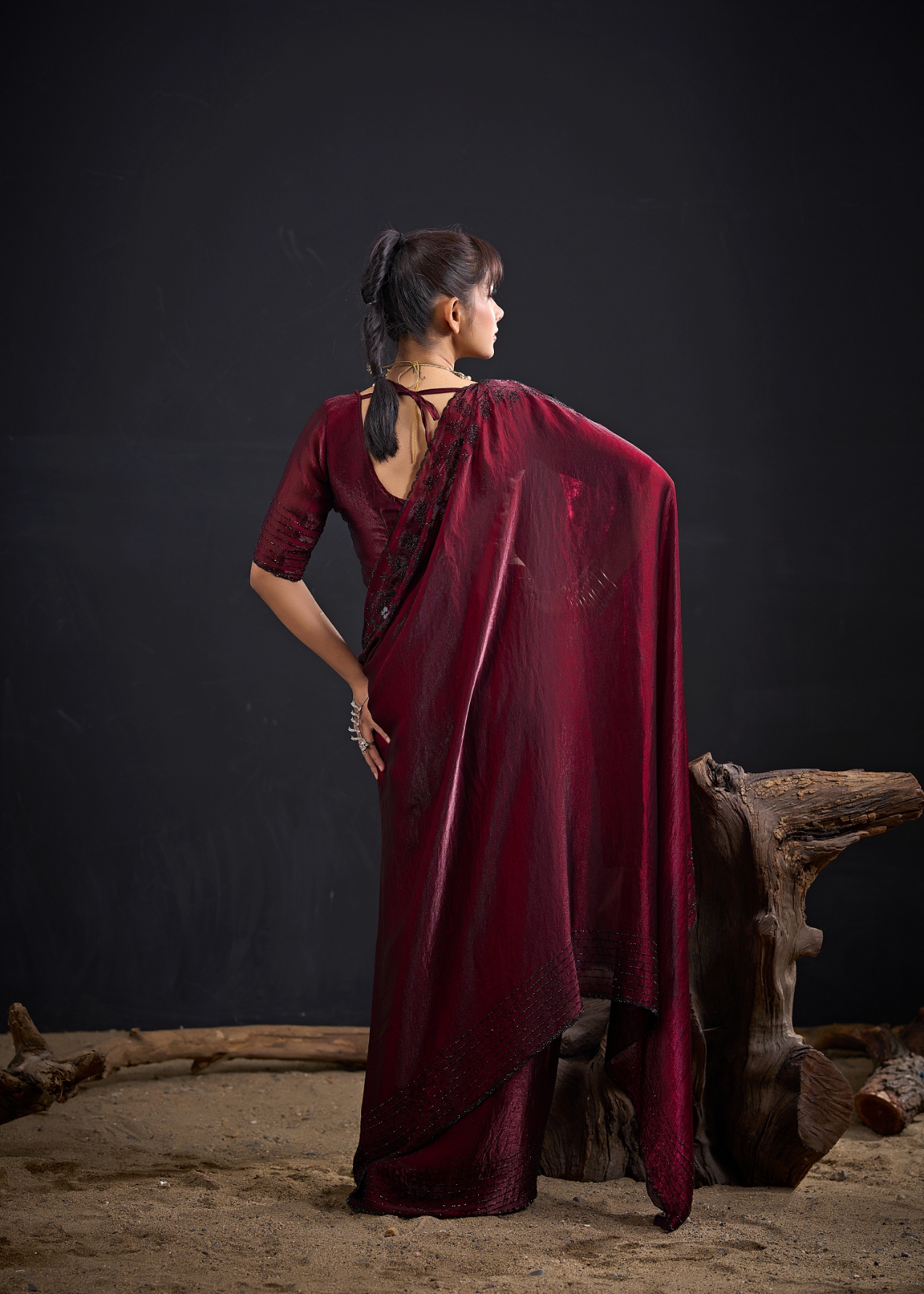 Maroon Contemporary Zircon Work Satin Silk Saree — alternate view