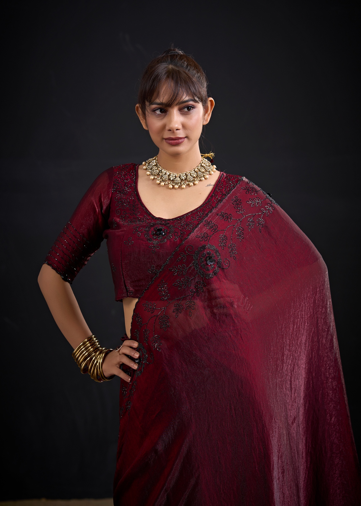 Maroon Contemporary Zircon Work Satin Silk Saree