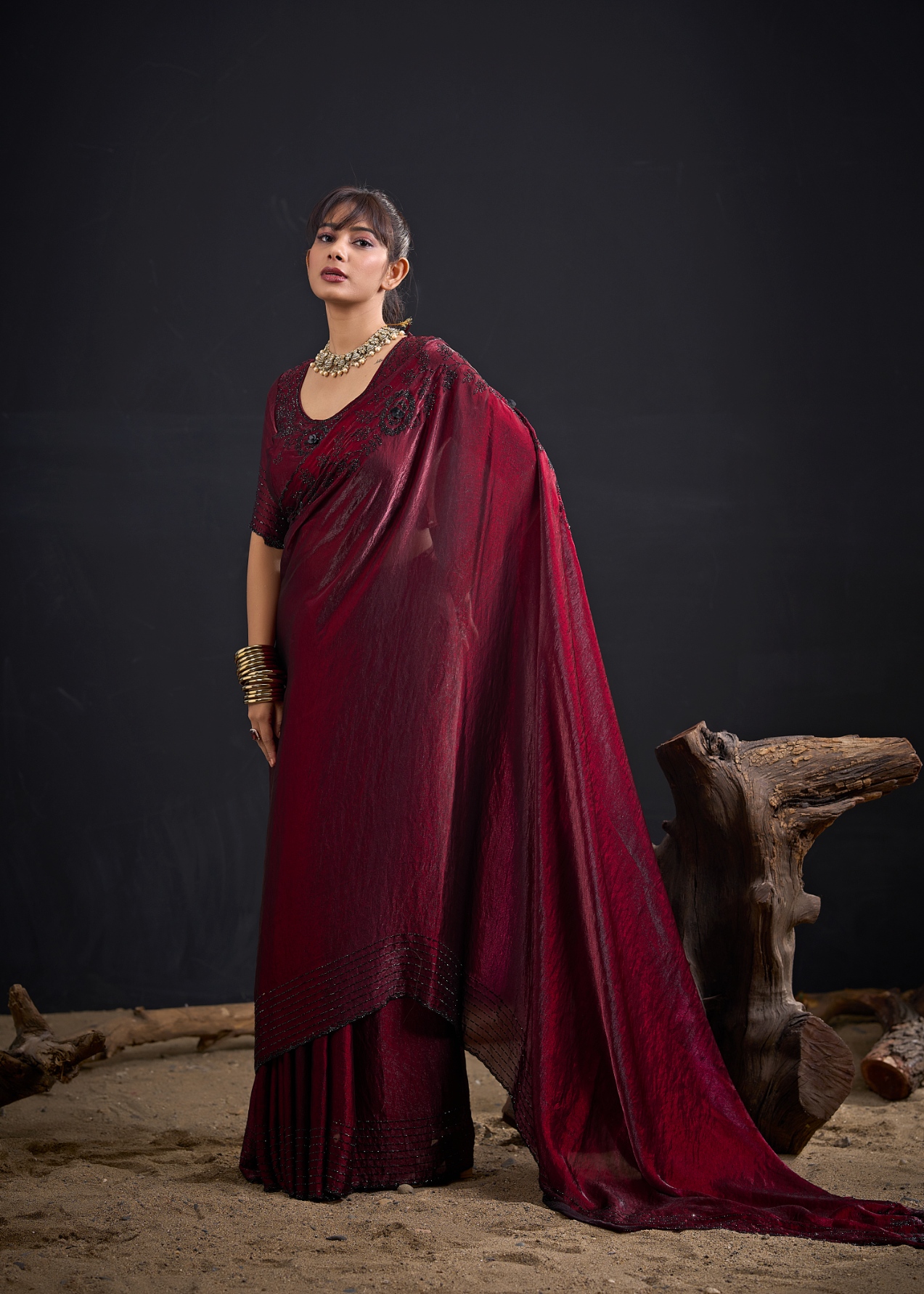 Maroon Contemporary Zircon Work Satin Silk Saree