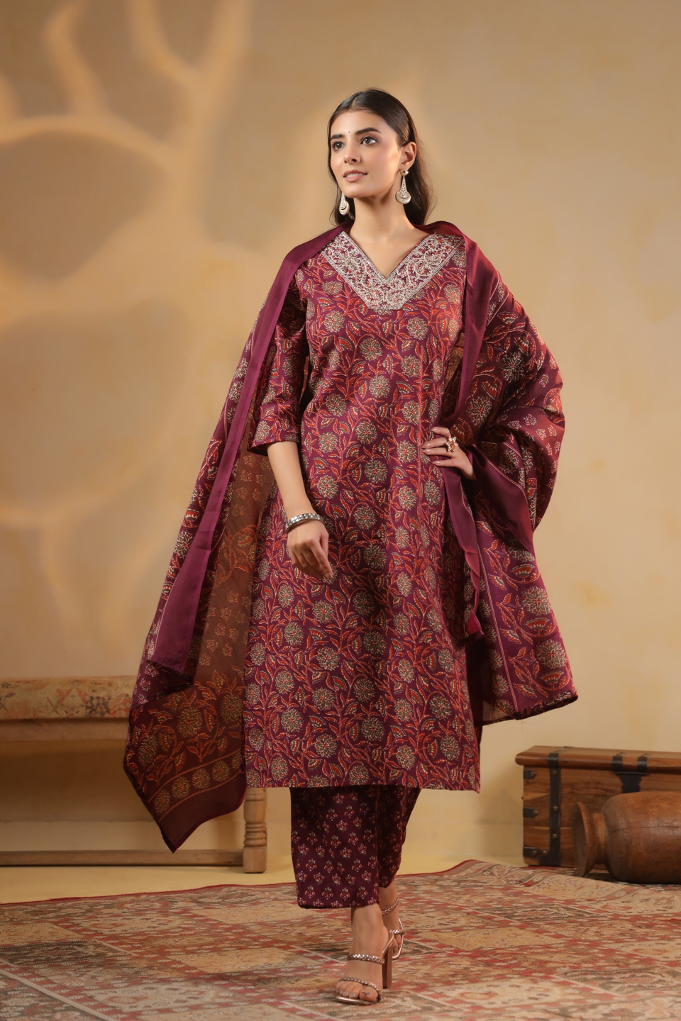 Maroon Cotton Printed Embroidered Salwar Suit