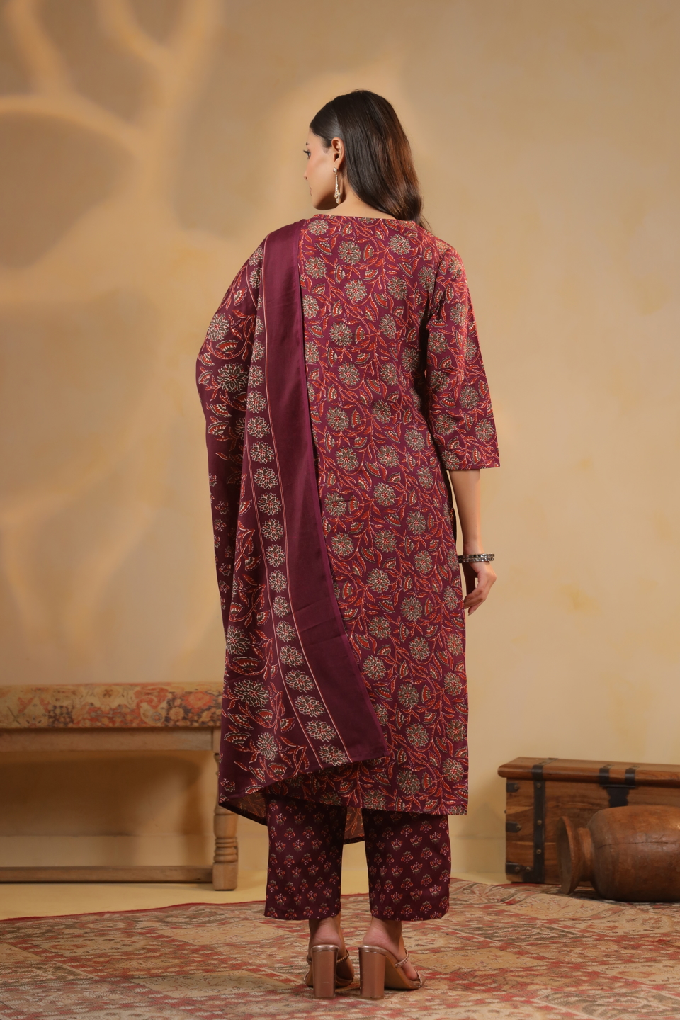 Maroon Cotton Printed Embroidered Salwar Suit — alternate view