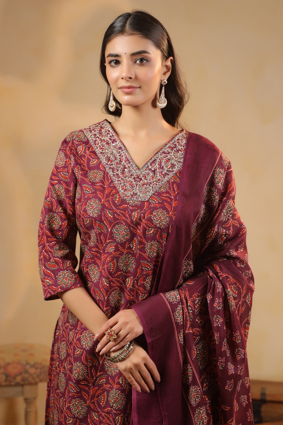 Maroon Cotton Printed Embroidered Salwar Suit