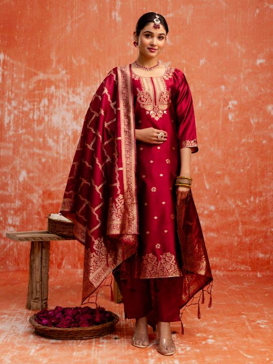 Maroon Cotton Silk Blend Readymade Suits