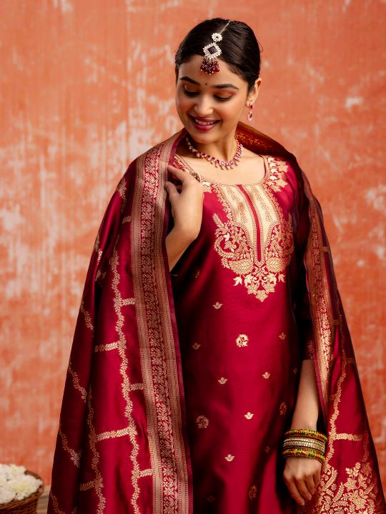 Maroon Cotton Silk Blend Readymade Suits
