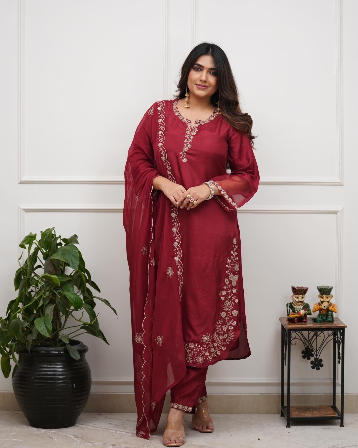 Maroon Designer Embroidered Chanderi Kurta Set