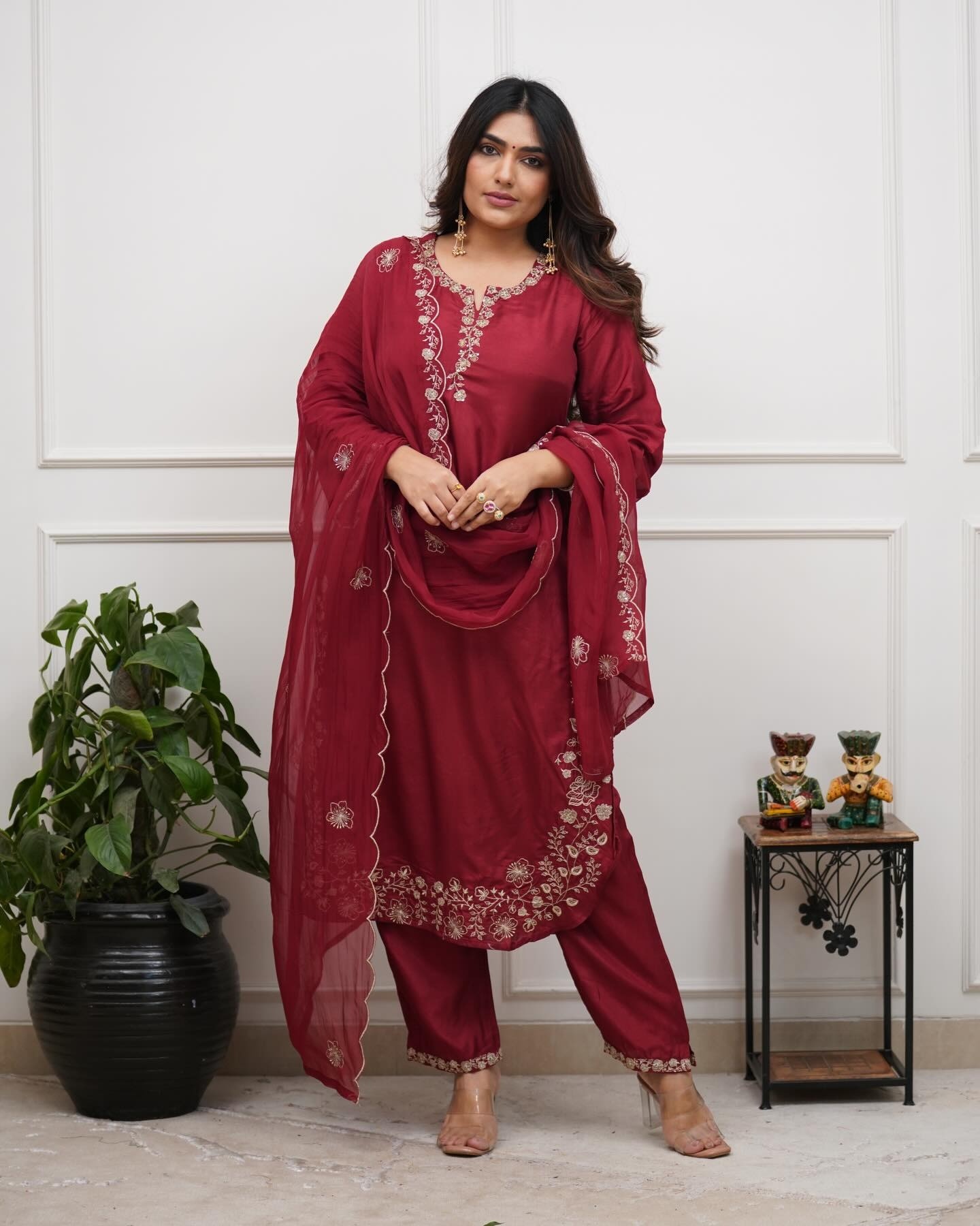 Maroon Designer Embroidered Chanderi Kurta Set